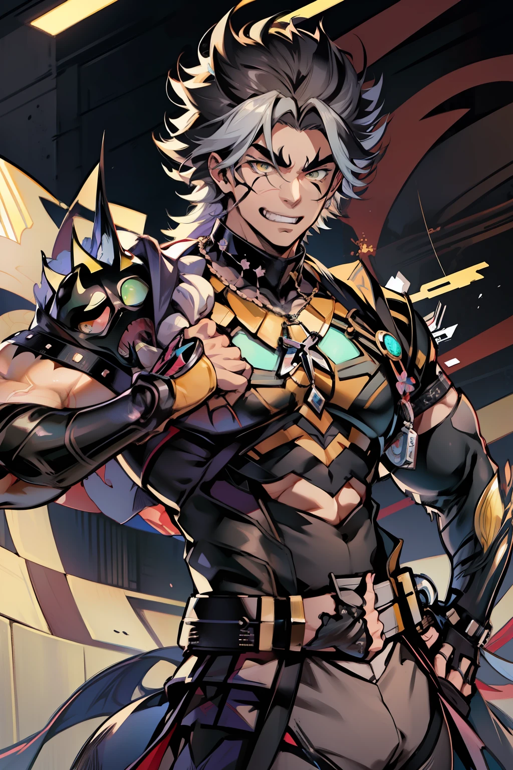 《the original god》Arataki Kazuto , male people,,((Masterpiece)), ((Best quality)), Ultra detailed,((illustration)), Dynamic Angle, Detailed light, (Delicate eyes), Floating, 1boy, Male focus, Head, Clothing, Yellow eyes, necklace, tattoo, (Forehead:0.8), (ahoge:0.8), jewelry, apathy,Ray, chest muscle, Sexy , Venom symbiote for your body, Black mucus of the body , (into venom), Venom,frontage,style of anime4 K, 4K anime wallpaper, Badass anime 8 K, 4 k comic wallpaper, young anime man, Anime boys, Anime wallpapers 4 k, Anime wallpaper 4K, High quality anime art style, Anime moe art style, Anime art wallpaper 8 K, Anime art wallpaper 4 K, RGB lighting