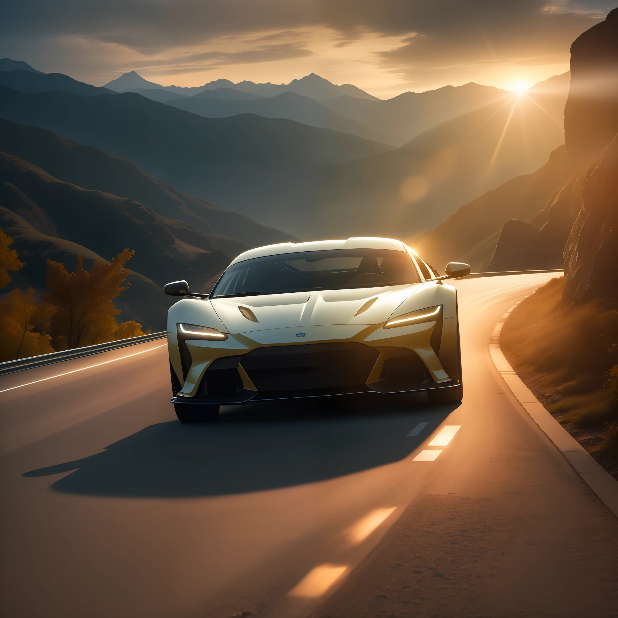 A stunning image of a luxurious sports car racing down a mountain road, showcasing the cutting-edge technology and sophistication of its design. The car's high-performance, aerodynamic design and aerodynamics are captured beautifully, with the sunlightprovided by the setting sun illuminating the vehicle and creating a serene atmosphere. In the foreground, the sunset casts a dreamy, ethereal glow on the mountain road, creating a sense of serenity and serenity in the ethereal, dreamlike world of a high-performance sports car. wide-angle lens, soft lighting, high contrast