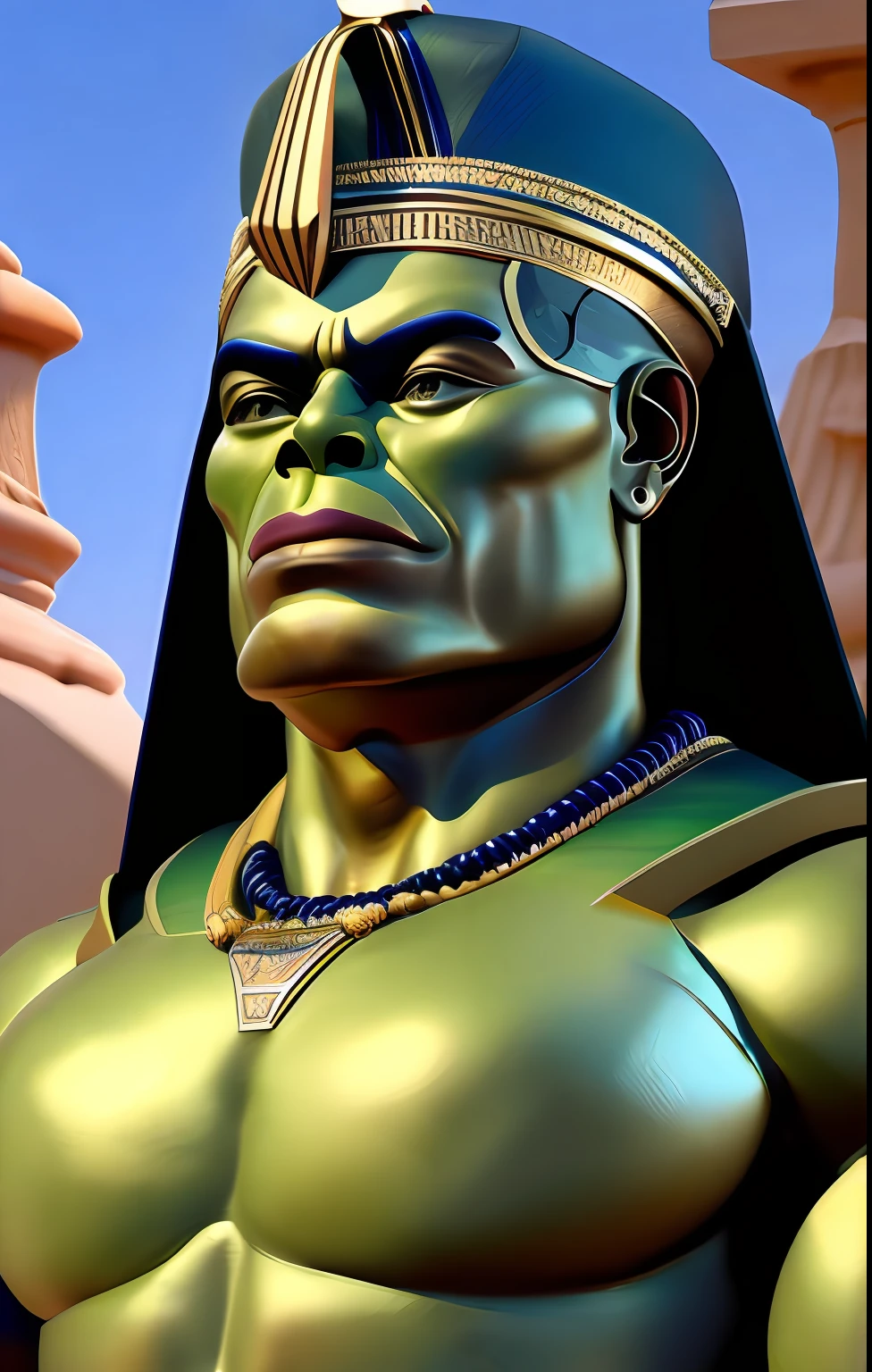 a realistic detail of Hulk wearing an Egyptian pharaoh goddess costume, royal Egyptian clothing, medium range portrait, highly detailed, sharp focus, masterpiece, commissioned, (professional hands), professional anatomy, color corrected, edited in post, (redshift style, classicnegative:1.2)
