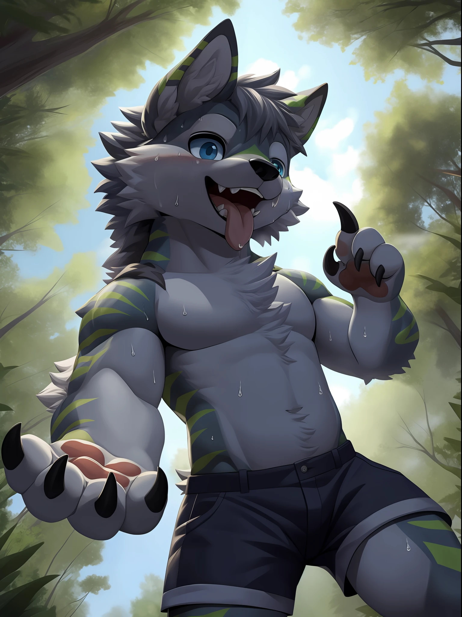 ,eyes with brightness, in a panoramic view, Character focus ，独奏, shaggy, Furry male wolf， Grey fur for men, blue color eyes, Gray hair(The long），Bare body，grey shorts（Green stripes），Stand in the forest，Young style，height of one meter seven，Handsome， has a tail，Bust，drools，Stick out her tongue，bodily fluids，Sweat，sportrait, wide angles, dynamic angle，Sharp claws，Cute paws