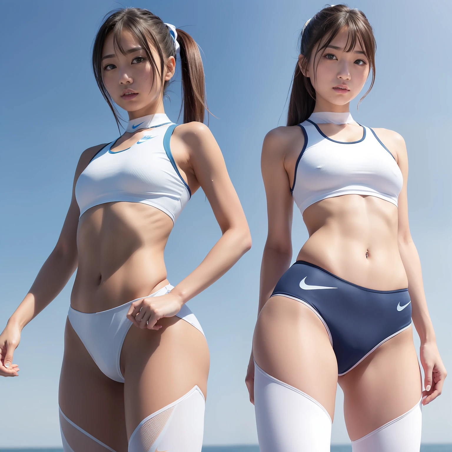 (Solo), (a detailed full-body RAW photo of a girl), (masutepiece:1.0), (Best Quality:1.4), (超A high resolution:1.2), (Photorealistic:1.4), 8K resolution, Canon EOS R5, 50 millimeters, absurderes, ultra-detailliert, (25-years old), back focus, Cinematic lighting, Detailed beautiful face, (no-makeup:1.2), (ulzzang -6500-v1.1), petite figure, Detailed skin texture, (flat chest:1.4), (skinny and fit body:1.6), Detailed brown hair, sweltering,(Very short hair:1.5), See Through wear, (Blue and White Nike Wet Thin Competition Athletic Wear sports tights:1.5), More transparent, low rise, realistic glistening skin, Detailed texture, (erect nipples:1.5), dynamic pose, (:0.2), Very small, (Satomi Ishihara:0.6), Cameltoe, well-developed abs, bikini tan,