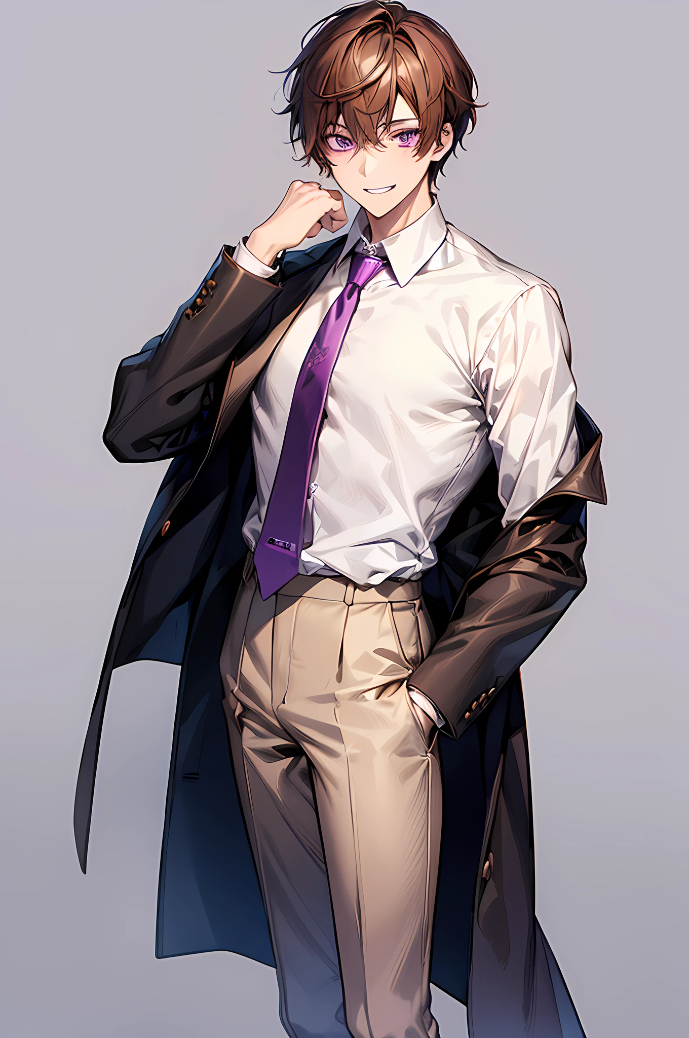 virtual_youtuber, 1boy, male_focus, solo, brown_hair, necktie, purple_eyes, white_background, brown_footwear, formal, jacket, suit, full_body, straight-on, looking_at_viewer, pants, smile, white shirt, collared shirt, hair_between_eyes