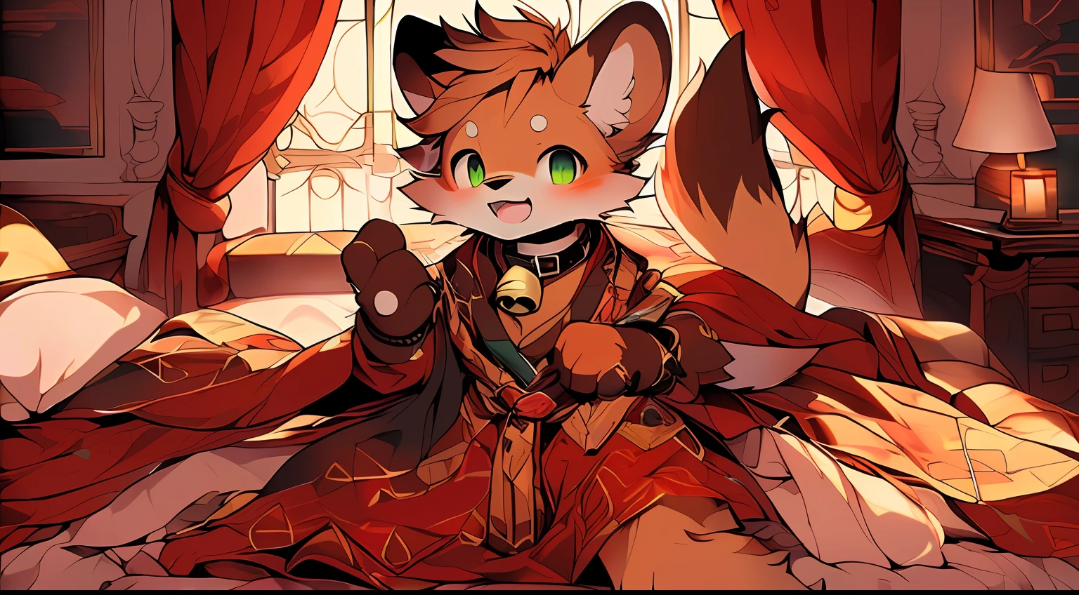 Style picture of a squirrel lying on bed with limbs spread,,A bell collar is hung around his neck, Shota,large tail,Shota,Drooling in the mouth,Wet hands,commission on furaffinity, very very beautiful furry art, furaffinity commission, squirrels, jazza and rossdraws, Furry art!!!, zerochan art, Colorful squirrel city, Detailed fanart, fursona art, wearing fancy clothes, Furry tail,