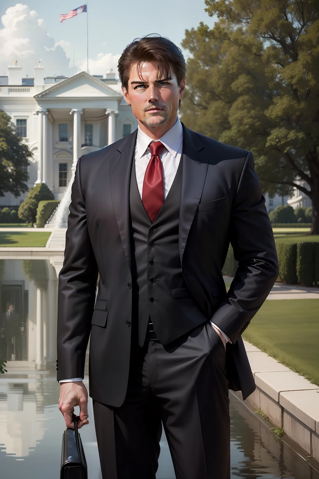 masterpiece、超A high resolution、In front of the White House、Tall and macho middle-aged American man、Black Suit、red necktie、The Deep Face of the Moat、Tom Cruise Style、Divided into 73、giving a speech、full-body view、