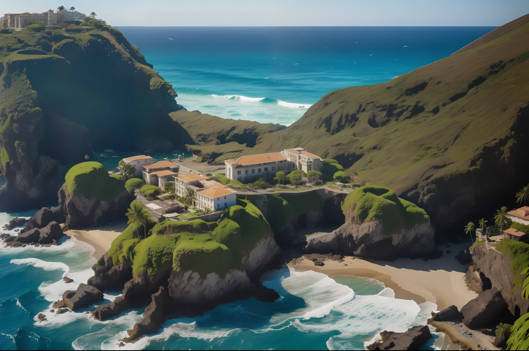 Aerial view of an island with dark rock borders, inside the island ruins of Art Nouveau buildings, construction debris, buildings and ruins covered with bluish green moss, green moss, plants growing, flowering Bougainvillea, other plants. Marine birds flying over the waves battering the rocky coast. Illuminated by natural sunshine. Photorealistic.