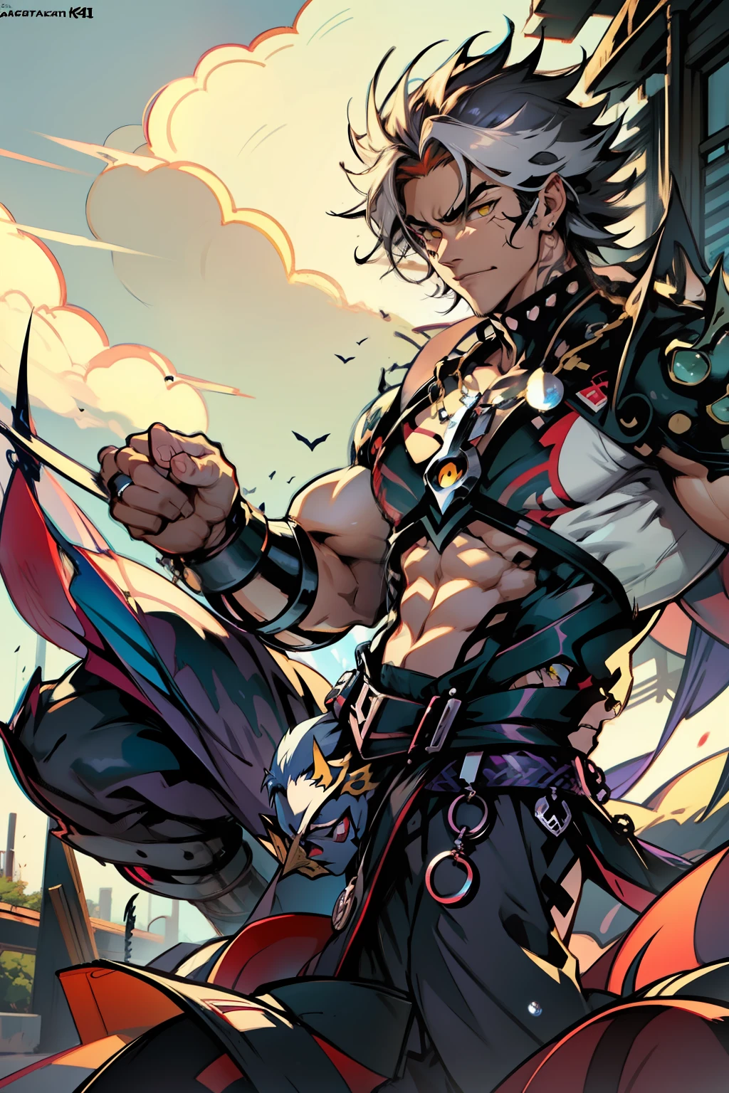 《the original god》Arataki Kazuto , male people,,((Masterpiece)), ((Best quality)), Ultra detailed,((illustration)), Dynamic Angle, Detailed light, (Delicate eyes), Floating, 1boy, Male focus, Head, Clothing, Yellow eyes, necklace, tattoo, (Forehead:0.8), (ahoge:0.8), jewelry, apathy,Ray, chest muscle, Sexy , Venom symbiote for your body, Black mucus of the body , (into venom), Venom,frontage,style of anime4 K, 4K anime wallpaper, Badass anime 8 K, 4 k comic wallpaper, young anime man, Anime boys, Anime wallpapers 4 k, Anime wallpaper 4K, High quality anime art style, Anime moe art style, Anime art wallpaper 8 K, Anime art wallpaper 4 K, RGB lighting