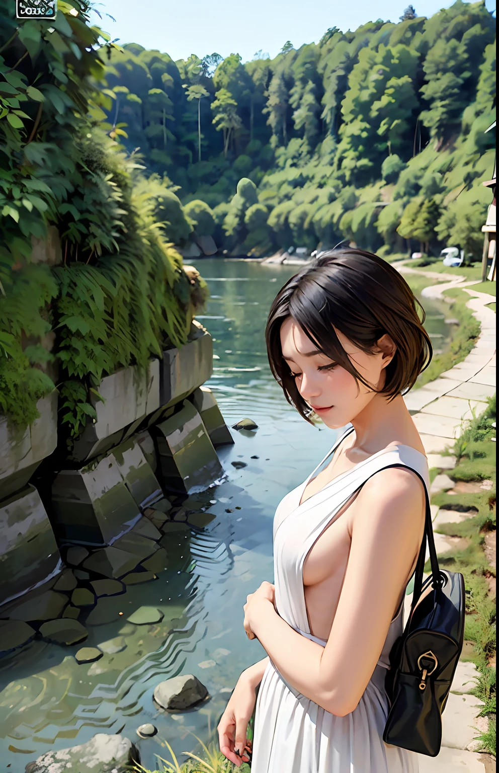 a woman solo of a young woman with short black hair, wearing a red hood and green sweatshirt, standing at the edge of a cliff looking out at the water at the water, The woman has black hair and blue eyes, The woman is wearing a flowing white dress, The girl has dark brown hair and her eyes closed, She is wearing a flowing white dress, One of the other is blowing in the air, The couple is bent and her hands, The girl is behind her, and her