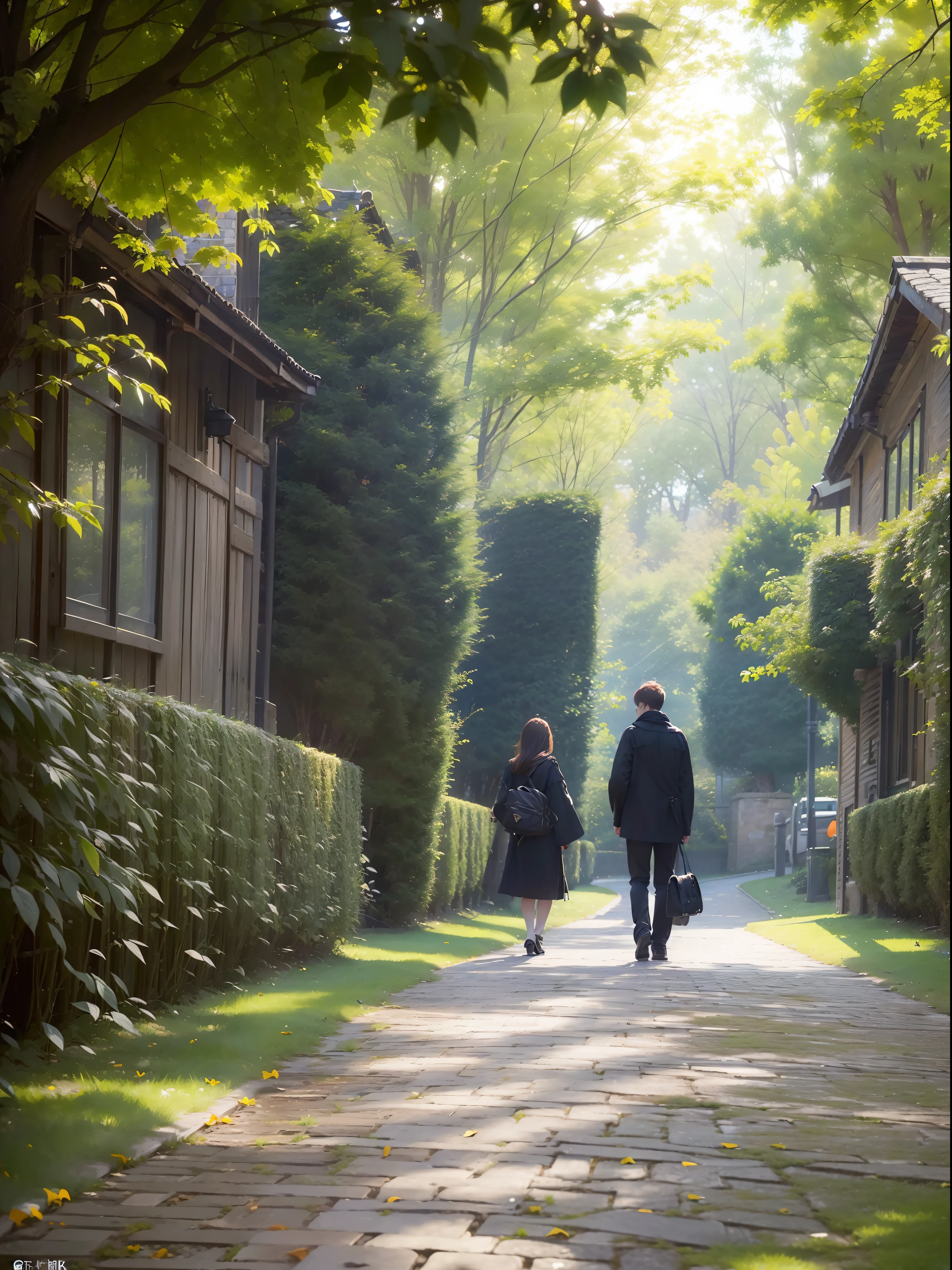 (((hight resolution)))、(in 8K)、 (((ighly detailed)))、(top-quality、masterpiece:1.3)、((sharpnes))、ciinematic light、Walk along the cobblestone walkway1Man Woman、There are trees on both sides、Shade、Sunlight、