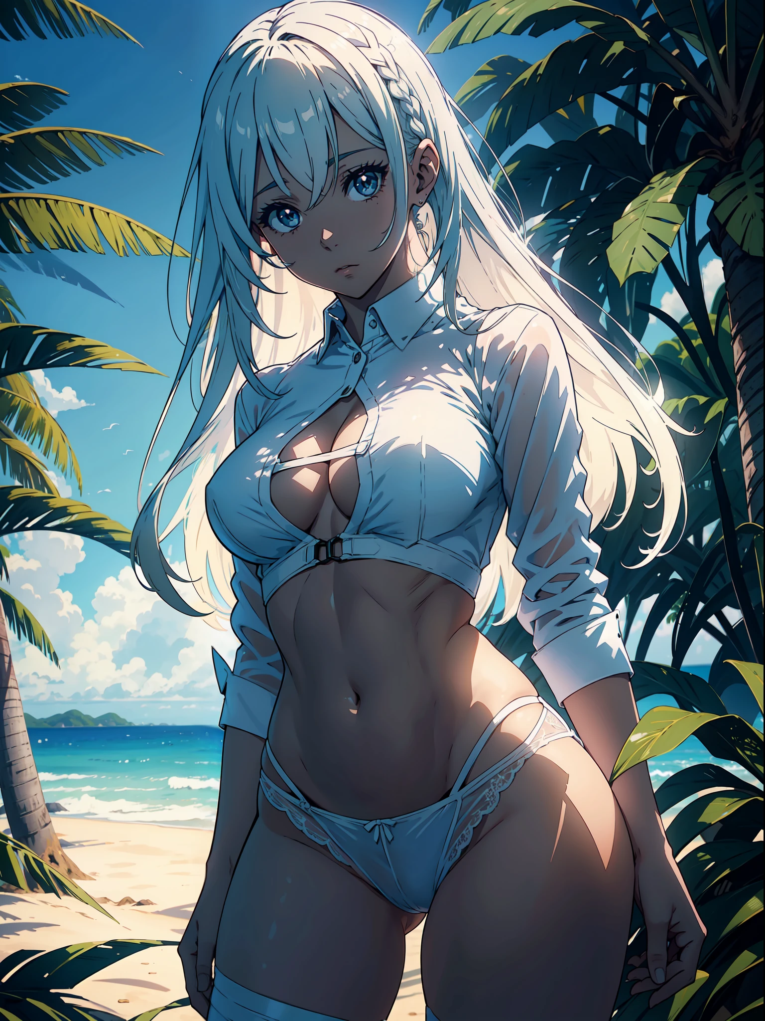 "(1 mulher bonita), sedutora, cabelo branco, Olhos vermelho, Camisa transparente, (Estilo anime 8k), (imagem ultra detalhada), (corpo meticulosamente detalhada, with amazing textures and shadows), mudar perspectiva"