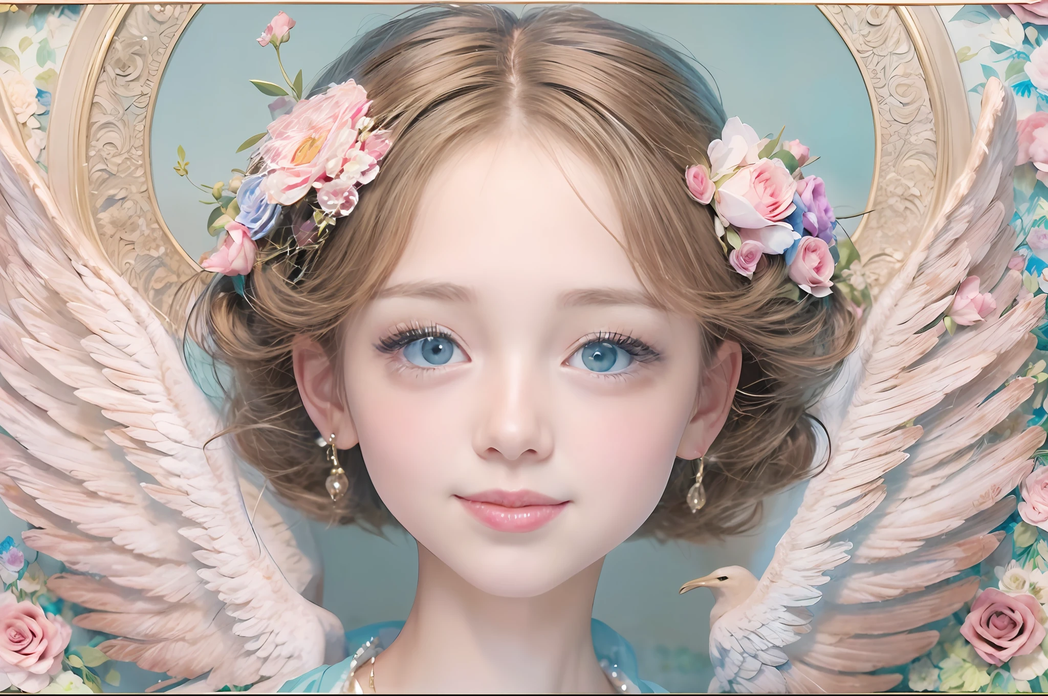 lightbrown hair、Intense crystal light blue eyes、耳Nipple Ring、kawaii、Pale pink color illustration、(Angel wings、😇、a smile、😌🥰Archaic Smile).hyper realstic、Ultra-realistic、Depiction of the human body without distortion、Monna Lisa、Woman in the Arms、Near and far law、Three-dimensional、Contemporary painting、moderno、world masterpiece、collection、Homage to the art or artist work of Picasso and Renoir, Not sentimental、Excellent portrayal、Gentle expression、More detailed character faces, Serious competition、Compositions like paintings、(Konmutsuki_Gacha_Series 1, punk_rosette), Realistic、Delicate brushwork、aqua color flowers, (Full body, elegant flowers background)