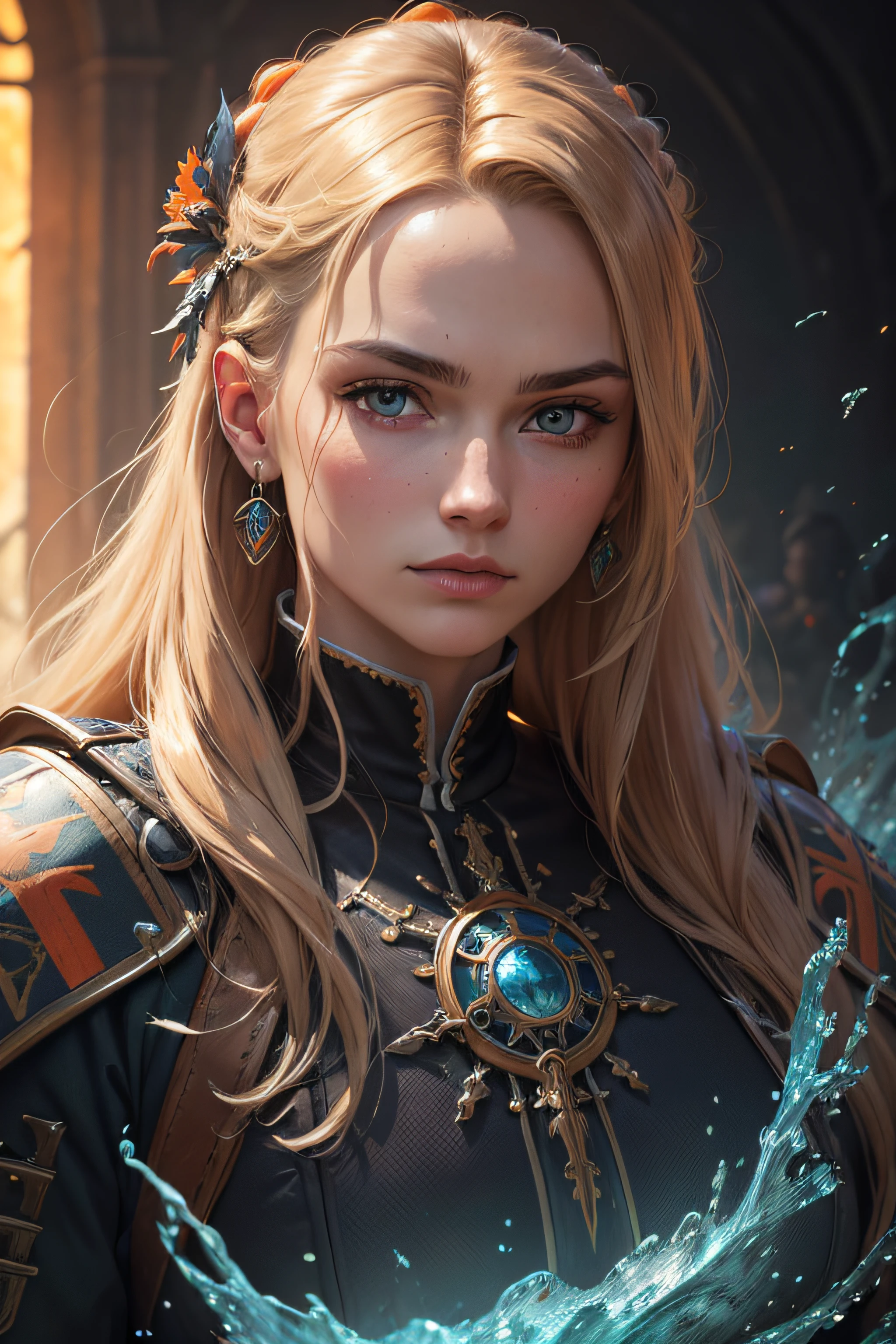 (masterpiece, best quality, highres), fine detailed, ultra-detailed, concept art, detailed face, detailed eyes, modelshoot style shot of a Fascinating "The Great Heathen Army's invasion of England", electric orange and Neon background, Azure water, split diopter, specular lighting, ultra high res, art by Julius Theodor Christian Ratzeburg