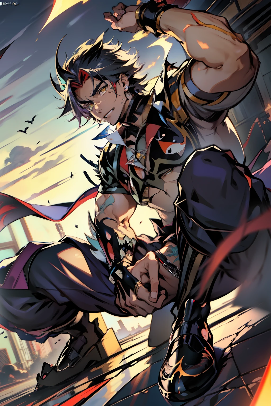 《the original god》Arataki Kazuto , male people，，((Masterpiece)), ((Best quality)), Ultra detailed,((illustration)), Dynamic Angle, Detailed light, (Delicate eyes), Floating, 1boy, Male focus, Head, Clothing, Yellow eyes, necklace, tattoo, (Forehead:0.8), (ahoge:0.8), jewelry, apathy，Ray， chest muscle， Sexy , Venom symbiote for your body, Black mucus of the body , （into venom）, Venom，frontage，style of anime4 K， 4K anime wallpaper， Badass anime 8 K， 4 k comic wallpaper， young anime man， Anime boys， Anime wallpapers 4 k， Anime wallpaper 4K， High quality anime art style， Anime moe art style， Anime art wallpaper 8 K， Anime art wallpaper 4 K， RGB lighting