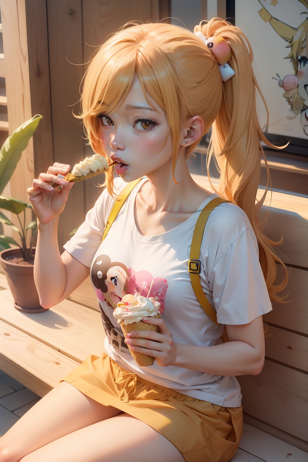 Anime character with a banana in his mouth, eating ice - cream, In an anime style, marin kitagawa fanart, by Naka Bokunen, In anime style, In a Japanese anime style, banana color, she is eating a peach, colored sketch, made with anime painter studio, high quality colored sketch, Eating ice cream, banana in, Ecchi anime style