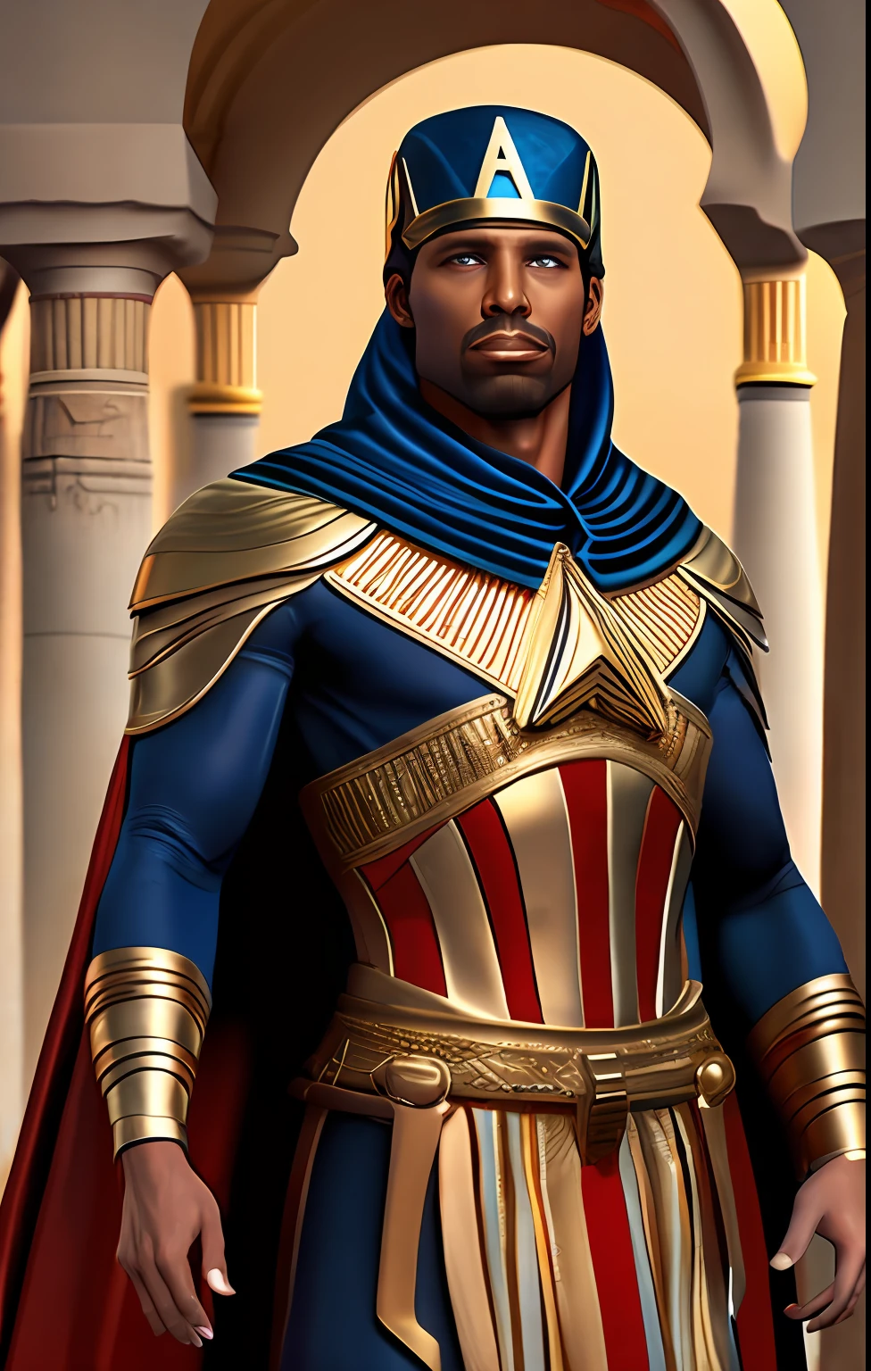 a realistic detail of captain America wearing an Egyptian pharaoh goddess costume, royal Egyptian clothing, medium range portrait, highly detailed, sharp focus, masterpiece, commissioned, (professional hands), professional anatomy, color corrected, edited in post, (redshift style, classicnegative:1.2)