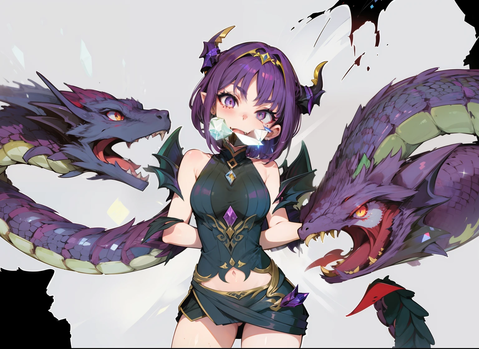 Beautiful girl in black dress。Female Solo。Dragon heads on either side of the girl。Crystals like eyes on the chest。thorn々Shishi Armor。falda corta。Purple Shorthair。eyes glowing red。Bigger eyes。The mouth is lined with fangs。Laugh。Two dark dragons stretch their necks from behind。Dragon neck connected to girl's shoulder。Two Dragons。