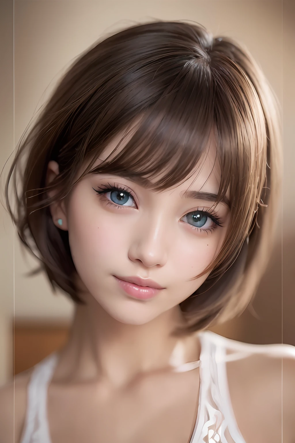 animesque、anime styled、Speciality、Moisturized eyes、Beautiful detailed eyes, (Short hair:1.2), (8K, Best Quality, masutepiece:1.2), (Realistic, Photorealsitic:1.37), Ultra-detailed, a closeup、portraitures、1 girl, Cute, Yellow head hair、Solo, (nose blush),(Smile:1.15),