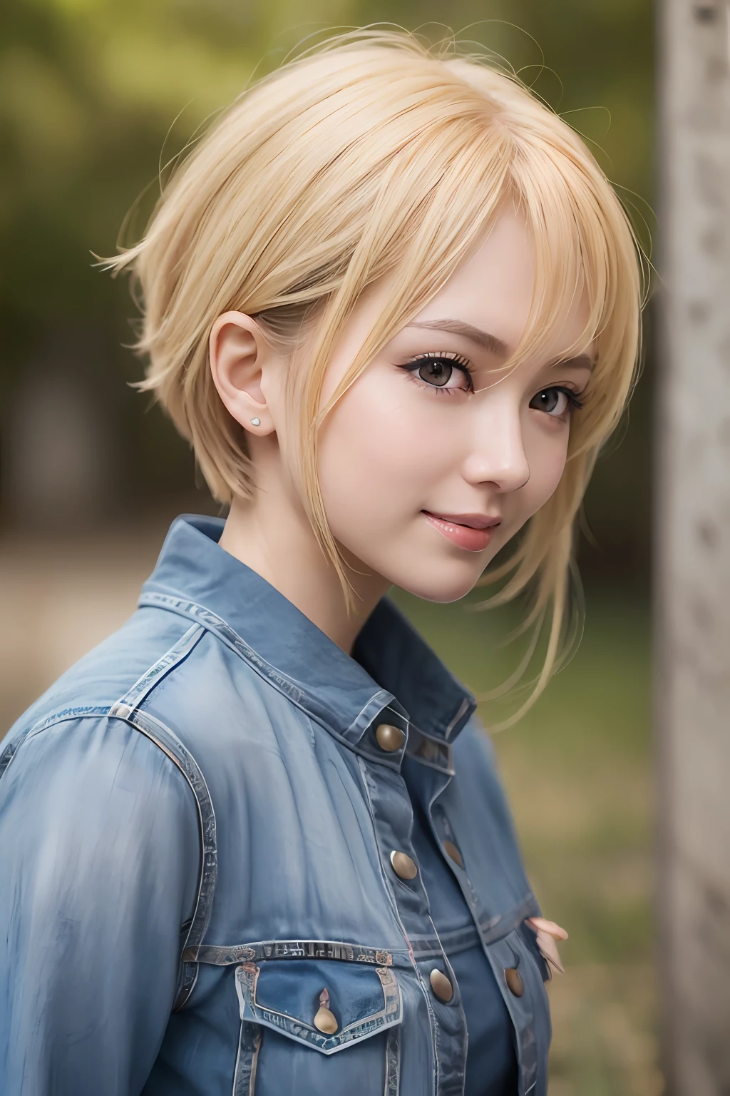 animesque、anime styled、Speciality、Moisturized eyes、Beautiful detailed eyes, (Short hair:1.2), (8K, Best Quality, masutepiece:1.2), (Realistic, Photorealsitic:1.37), Ultra-detailed, a closeup、portraitures、1 girl, Cute, Yellow head hair、Solo, (nose blush),(Smile:1.15),