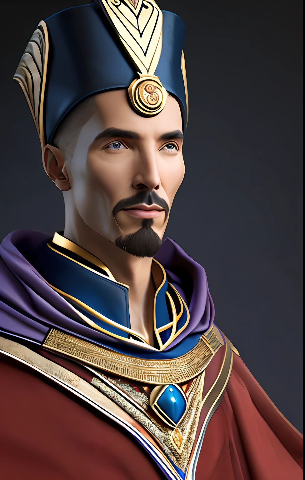 a realistic detail of doctor strange wearing an Egyptian pharaoh goddess costume, royal Egyptian clothing, medium range portrait, highly detailed, sharp focus, masterpiece, commissioned, (professional hands), professional anatomy, color corrected, edited in post, (redshift style, classicnegative:1.2)