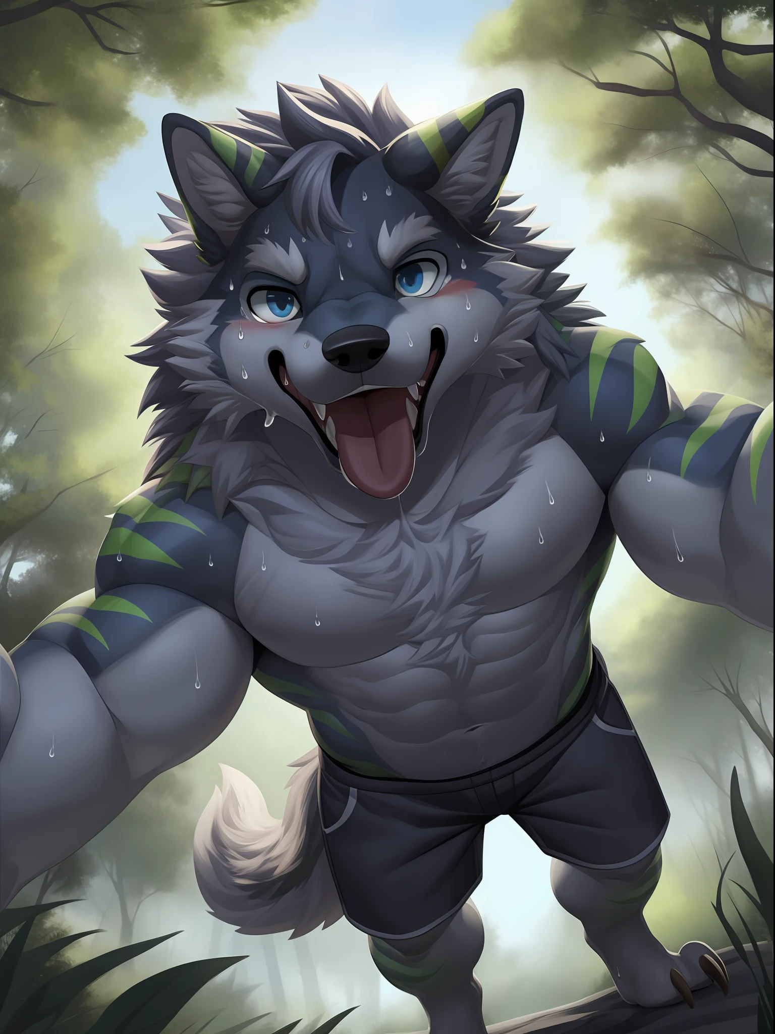 ,eyes with brightness, in a panoramic view, Character focus ，Full body like，独奏, shaggy, Furry male wolf， Grey fur for men, blue color eyes, Gray hair(The long），Bare body，grey shorts（Green stripes），Stand in the forest，Young style，height of one meter seven，Handsome， has a tail，Bust，drools，Stick out her tongue，bodily fluids，Sweat，sportrait, wide angles, dynamic angle，Sharp claws