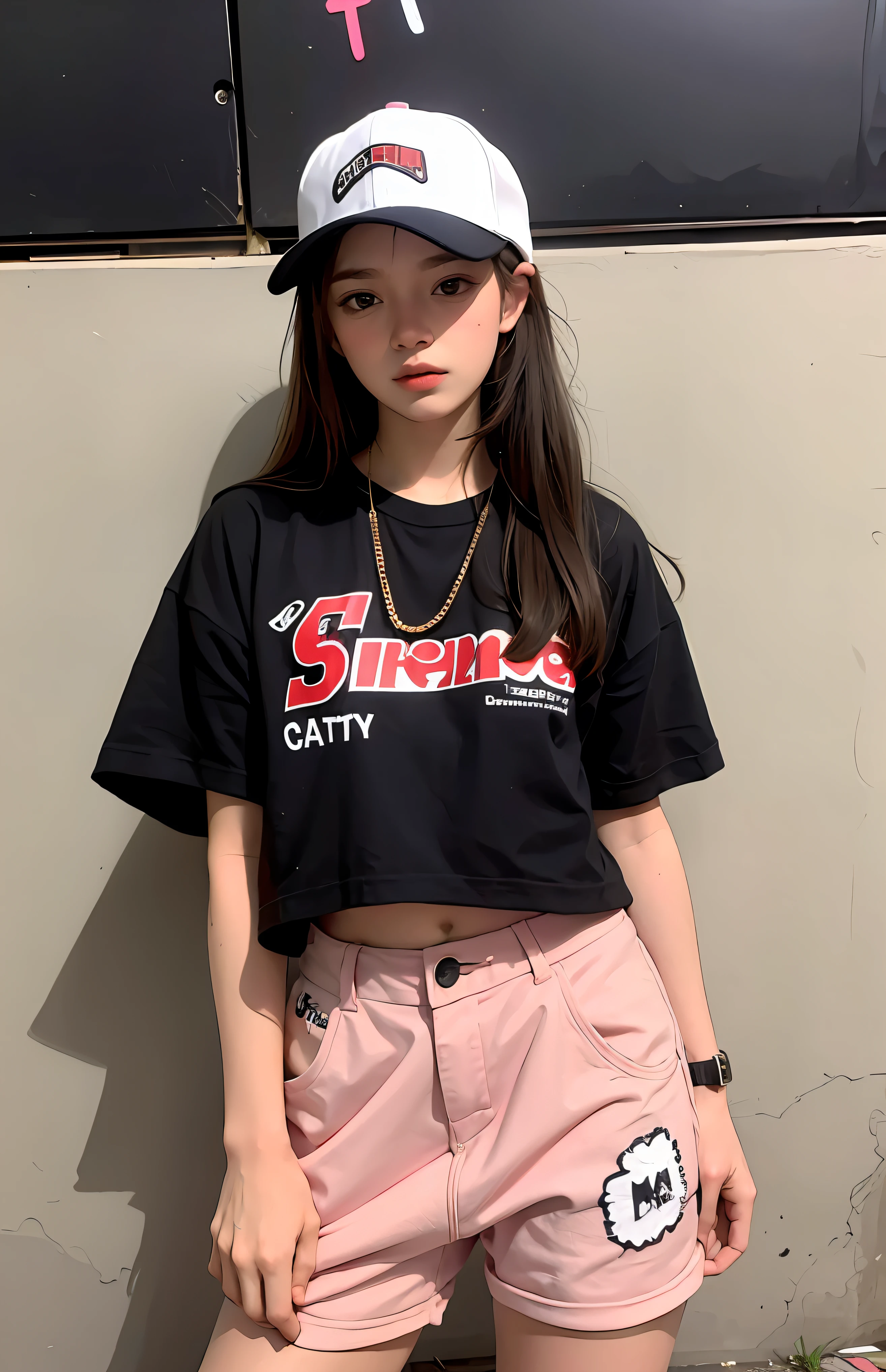 hiphop girl by supreme, 16 years old,  attractive, stylish, designer, black, graffiti, street art,  cowboy shot,