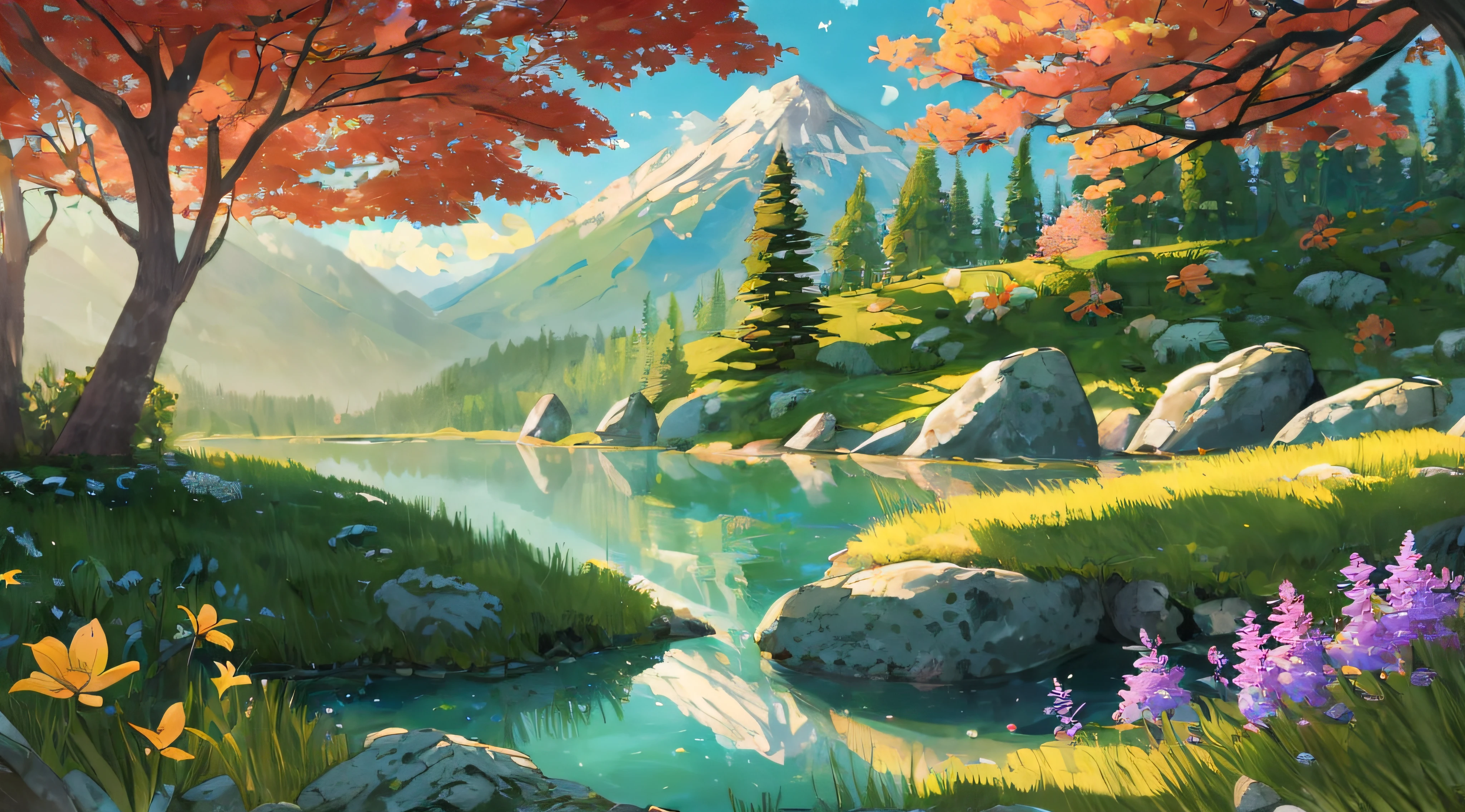 (Best quality),(masterpiece),(ultra detailed),(high detailed),(extremely detailed),Subject: Beautiful Anime Natural Sceneries
Medium: Digital illustration or traditional painting.
Resolution: 4000x3000 pixels.
Color Palette: Vibrant and lush colors inspired by nature.
Mood: Serene, tranquil, and awe-inspiring.
Composition: Balanced compositions with a focus on natural elements.
Lighting: Soft, natural lighting with variations in brightness.
Style: Anime-inspired with a touch of realism and fantasy.
Details: Include elements such as majestic mountains, serene lakes, blooming fields, and lush forests.
Inspiration: Anime landscapes, Studio Ghibli films, real-world natural environments.
Camera Setup: None (since it's a digital illustration).
Additional Notes: Pay attention to the beauty and intricacy of natural landscapes. Create depth and dimension by incorporating layers of foreground, middle ground, and background elements. Use a variety of brush strokes and textures to capture the textures of trees, rocks, water, and other natural elements. Experiment with lighting and shadows to add depth and realism to the scene. Include small details like birds, butterflies, or wildlife to bring the scene to life. Consider adding elements of fantasy or magic, such as floating islands, mythical creatures, or glowing flora. Use a mix of vibrant and harmonious colors to convey the beauty and vibrancy of nature. Emphasize the serenity and tranquility of the scene by incorporating elements like flowing water, gentle breezes, or a soft sunset. Let your creativity and imagination guide you in creating breathtaking anime natural sceneries that transport viewers to a world of beauty and wonder.