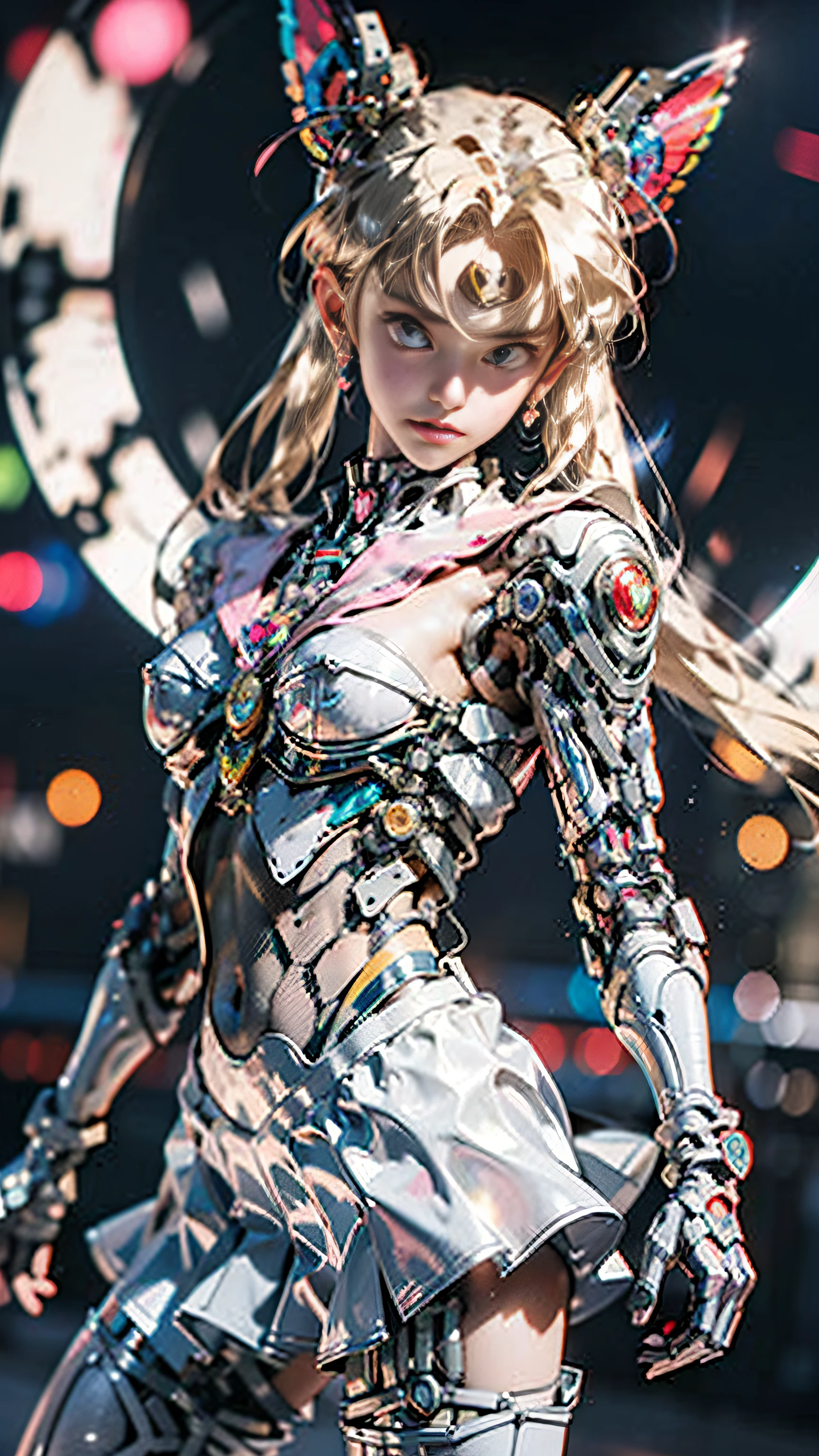 Super beautiful shining big eyes、1 Mechanical Girl: 1.4, Sailor Moon, white mechanical arm, humanoid body, pink sailor suit, good looking face, Sailor Moon, moon hair, Rabbit ears, mechanical ears, White blouse, Blonde hair, Mechanical arm, Pink skirt, Side, heart-shaped robot in the background, sci-fi background, Complex background, hair glowing hair, forehead hair light, Moon, the panorama, mechanical wings, large wings in the background