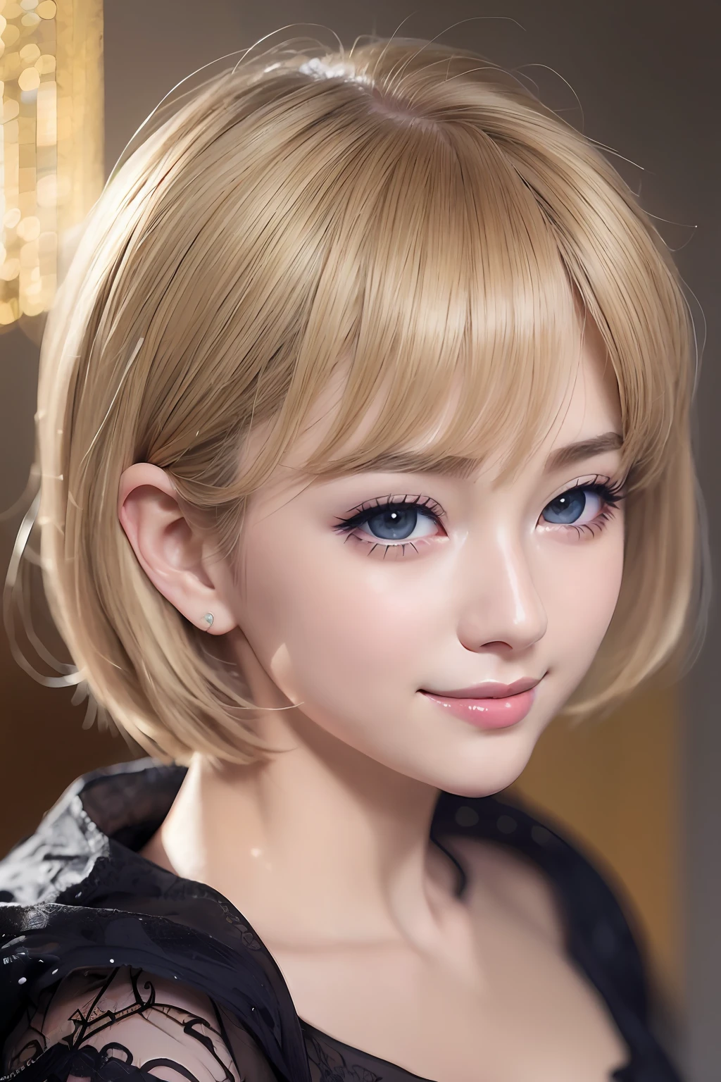 animesque、anime styled、Speciality、Moisturized eyes、Beautiful detailed eyes, (Short hair:1.2), (8K, Best Quality, masutepiece:1.2), (Realistic, Photorealsitic:1.37), Ultra-detailed, a closeup、portraitures、1 girl, Cute, Yellow head hair、Solo, (nose blush),(Smile:1.15),