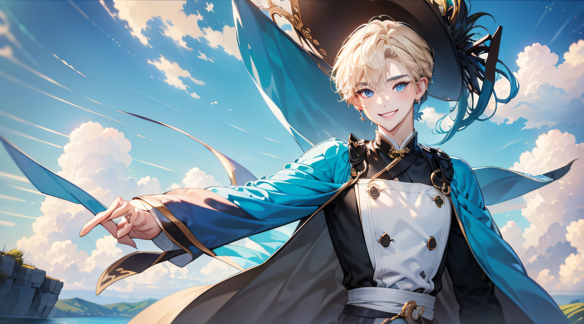(in 8K、top-quality、masterpiece:1.2)、1人の女性、(Smiling smile:1.1)、beautidful eyes、Valley、The upper part of the body、length hair、Like a boy、poneyTail、Blue View、