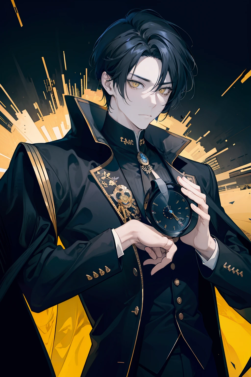 Adult, 1man, tall, city night, yellow eyes, black hair, best quality, day, masterpiece, colorful, black suit, upper body, wristwatch, looking at viewer, cold, cunning, face focus, magic effect, forehead, villian vibe, dark, mysterious vibe, dutch angle, 4k hd
