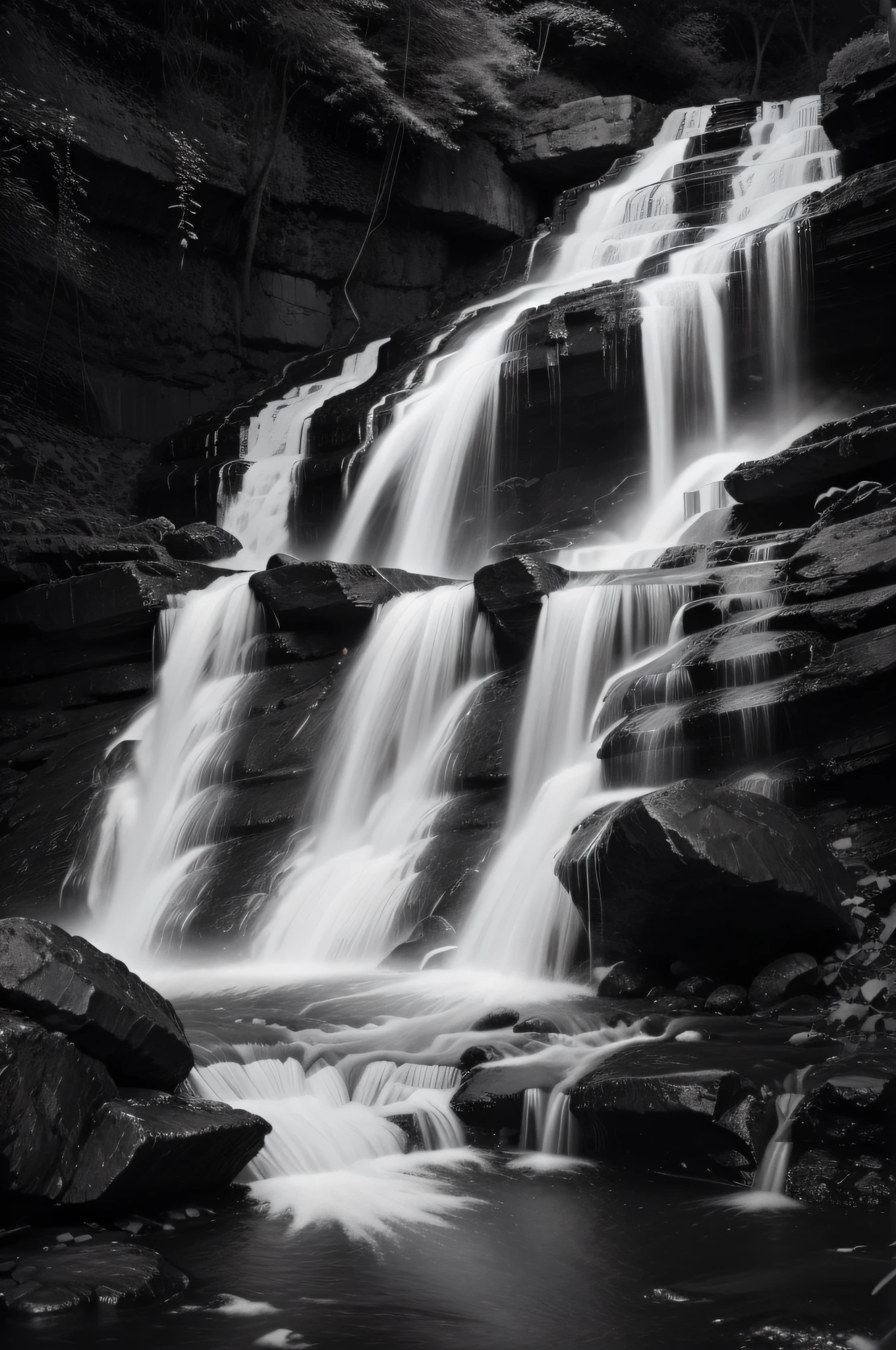 arafed waterfall in black and white with a few small waterfalls, a portrait by Andrew Geddes, cg society contest winner, baroque, cascading, cascade, cascading waterfalls, water cascading, waterfalls, f/3.2, (waterfall), chriss foss, flowing, f / 3 2, waterfall, waterfall cascades