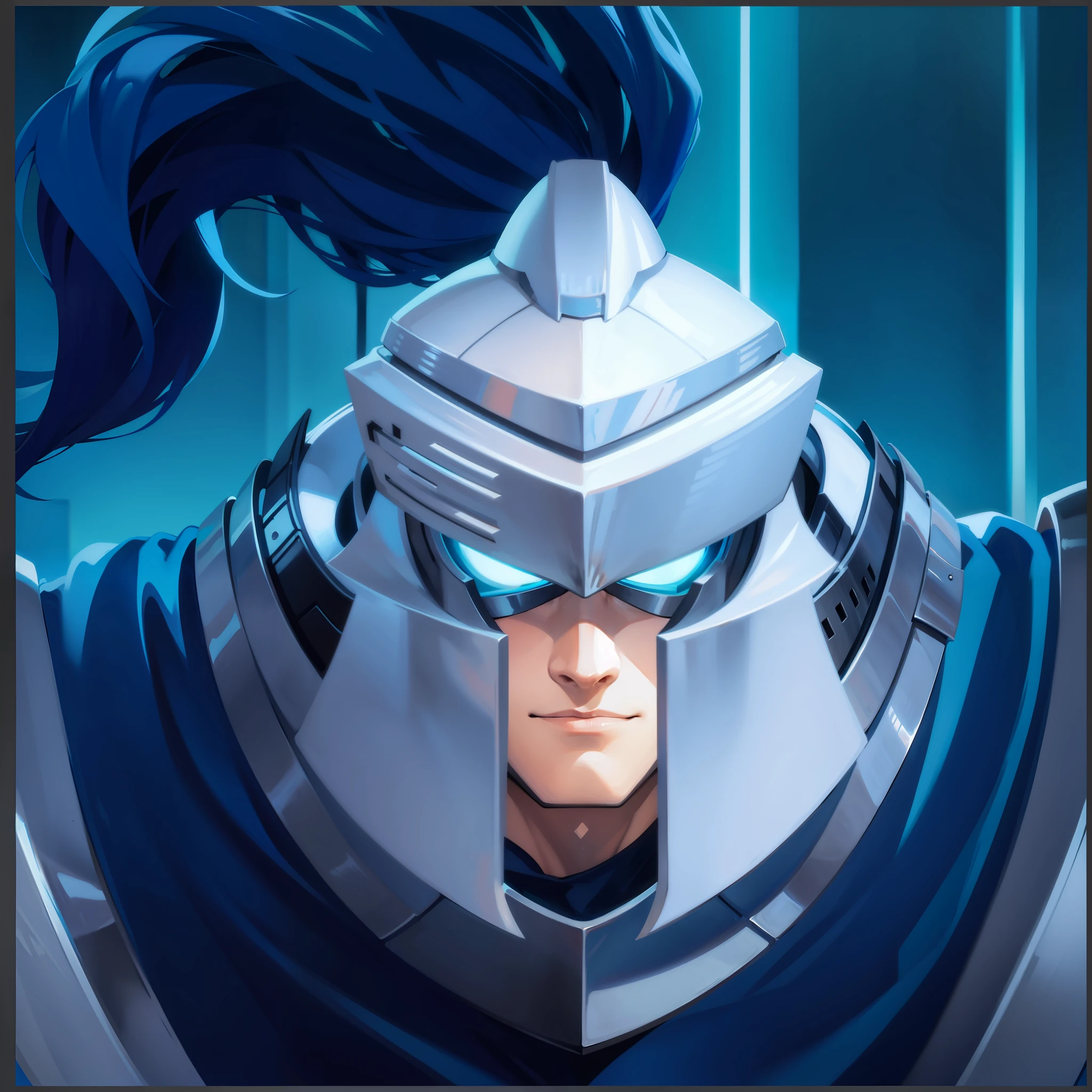 A male knight,wearing her helmet,blue hairs,is dressed in armor