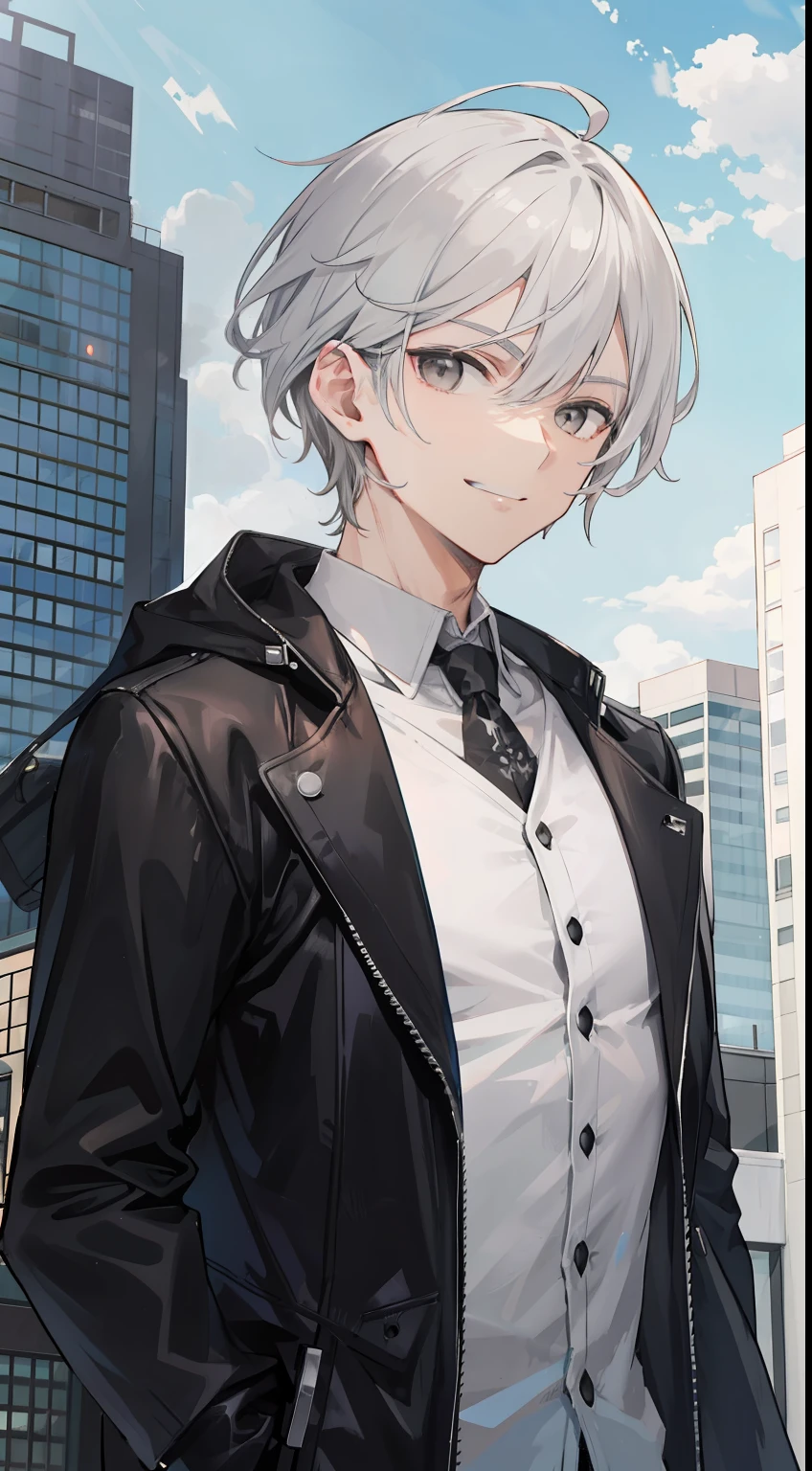 A man, gray hair and white eyes, wearing black jacket, city, mascular, badass smile