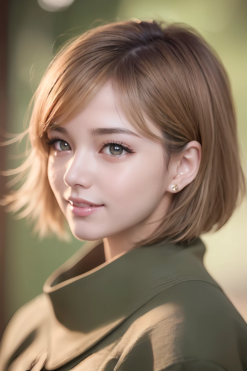 animesque、anime styled、Speciality、Moisturized eyes、Beautiful detailed eyes, (Short hair:1.2), (8K, Best Quality, masutepiece:1.2), (Realistic, Photorealsitic:1.37), Ultra-detailed, a closeup、portraitures、1 girl, Cute, Yellow head hair、Solo, (nose blush),(Smile:1.15),