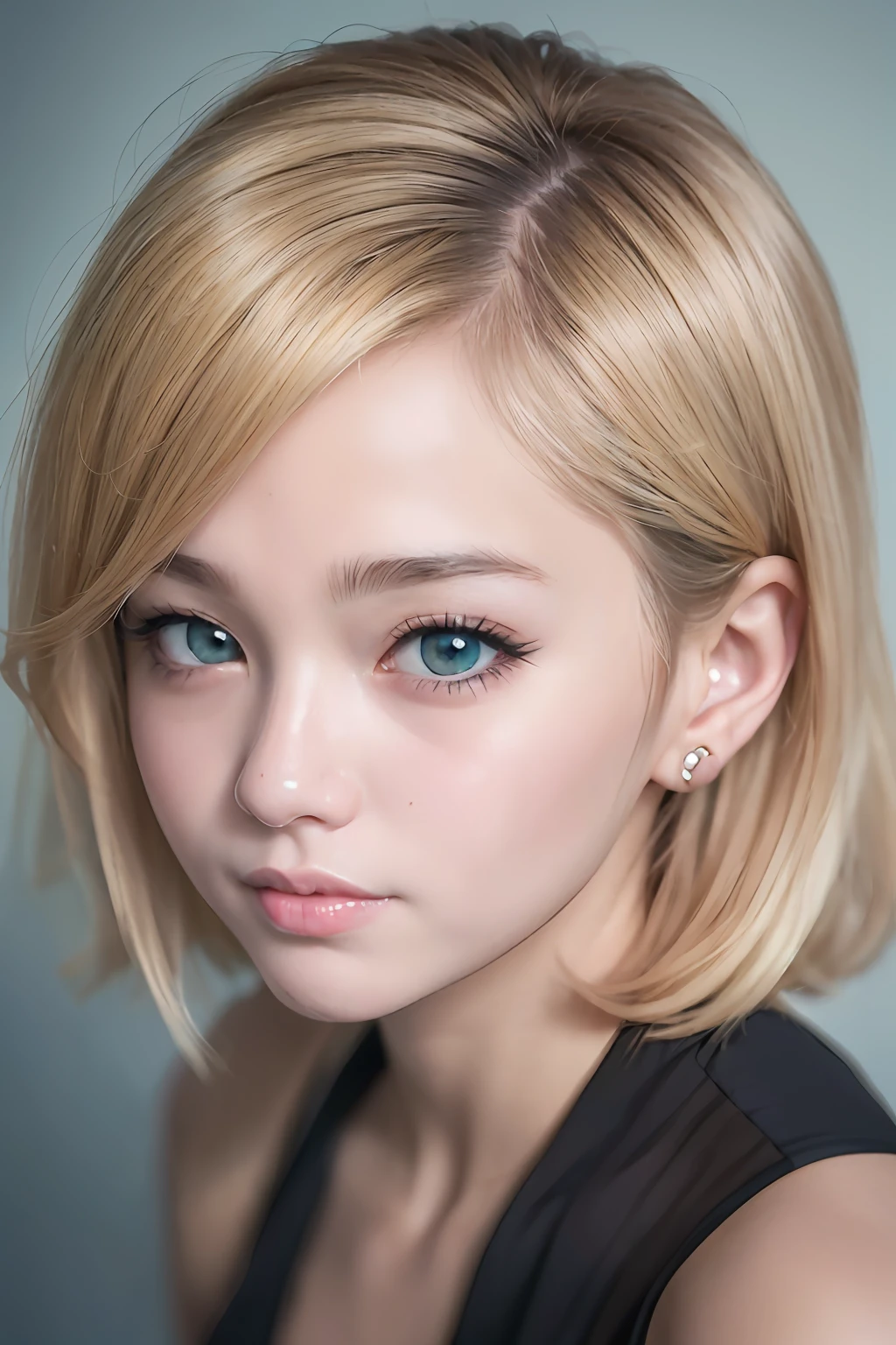 animesque、anime styled、Speciality、Moisturized eyes、Beautiful detailed eyes, (Short hair:1.2),  (8K, Best Quality, masutepiece:1.2), (Realistic, Photorealsitic:1.37), Ultra-detailed, a closeup、portraitures、1 girl, Cute, Yellow head hair、Solo, (nose blush),(Smile:1.15),