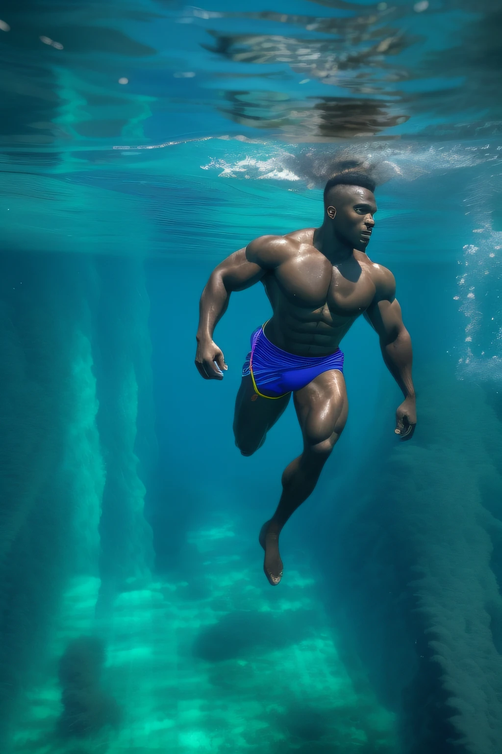 A fit handsome naked and muscular black man, bodybuilder physique, blue swim briefs, a diver swimming in a vibrant underwater setting, full body image, seen from above