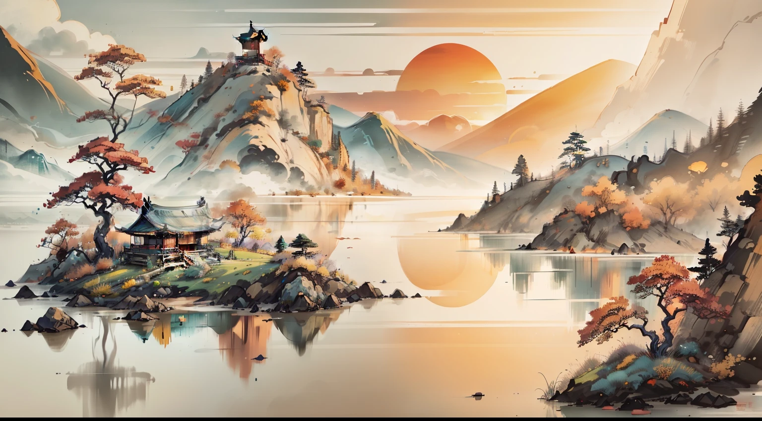 high high quality,Best quality at best,Realiy,Super realistic,super detailing,A high resolution,8K,Very realistic,tmasterpiece,intricately details,offcial art, RAW photogr, Incredibly Ridiculous res, (super wide shot), Holy light,动态照明, cinmatic lighting,finedetail,Epic fantasy digital art style,Chinese feng shui painting,Stunning view in autumn。The whole scene is bathed in the setting sun,A warm golden glow renders the whole picture,At the highest point of the picture,(Detailed hallucinations of Chinese mythology, The illusion of detail in the Chinese pavilion),A flock of flying geese flies in formation,Under the flying wild geese,This is a vast autumn sky,Azure and vast。Part of the sky is dyed warm red by the setting sun、Orange-yellow and dark purple,Form a cloud-like mass layer,It was as if there was a flame burning in the sky,The colors of the setting sun shine in the sky,Bloom like a gem。In the sunset,It is a soft orange-red band of light,Reflected on the lake,Blend in with the lake view,The lake is wide and calm,It's like a mirror,The reflection on the surface of the lake is blurry,Like an abstract painting of an ink landscape,The mountains in the distance are quiet,It seems to guard this idyllic autumn landscape,Quiet and remote feeling,The whole painting presents a spectacular sight,Showcase the power and beauty of nature,Colorful sunset,Lonely wild geese soaring freely against the backdrop of the lake,The work is full of natural vitality and vitality,Japanese style,eastern style