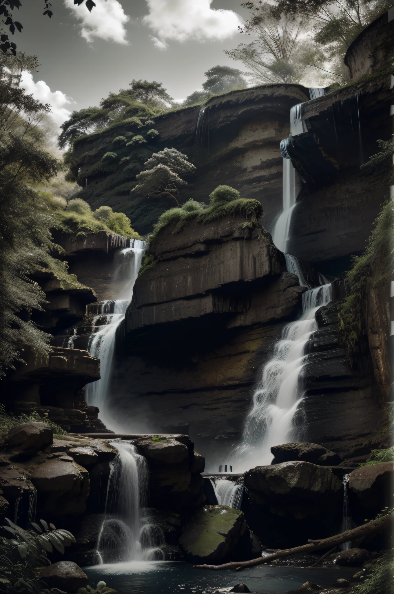 arafed waterfall in black and white with a few small waterfalls, a portrait by Andrew Geddes, cg society contest winner, baroque, cascading, cascade, cascading waterfalls, water cascading, waterfalls, f/3.2, (waterfall), chriss foss, flowing, f / 3 2, waterfall, waterfall cascades