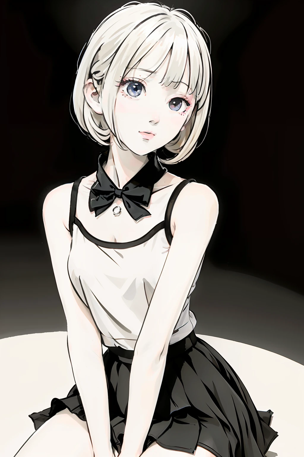 1girl, sleeveless white button shirt, black skirt, black choker, cute, (platinum blonde hair:1), ((puffy eyes)), looking at viewer, full body, facing front,an anime illustration of her face,animated gifs,hand-drawn animation,charming sketches,smooth and shiny,hazy romanticism,white background--ar 1:1--niji 5--style expressive --s 50