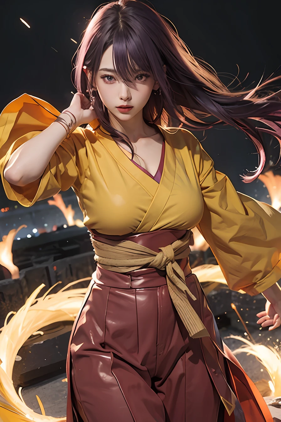 1girl, hyuga hanabi, purple hair, white eyes, long hair, yellow clothes, big breasts, realistic, ultra detail, indoor background