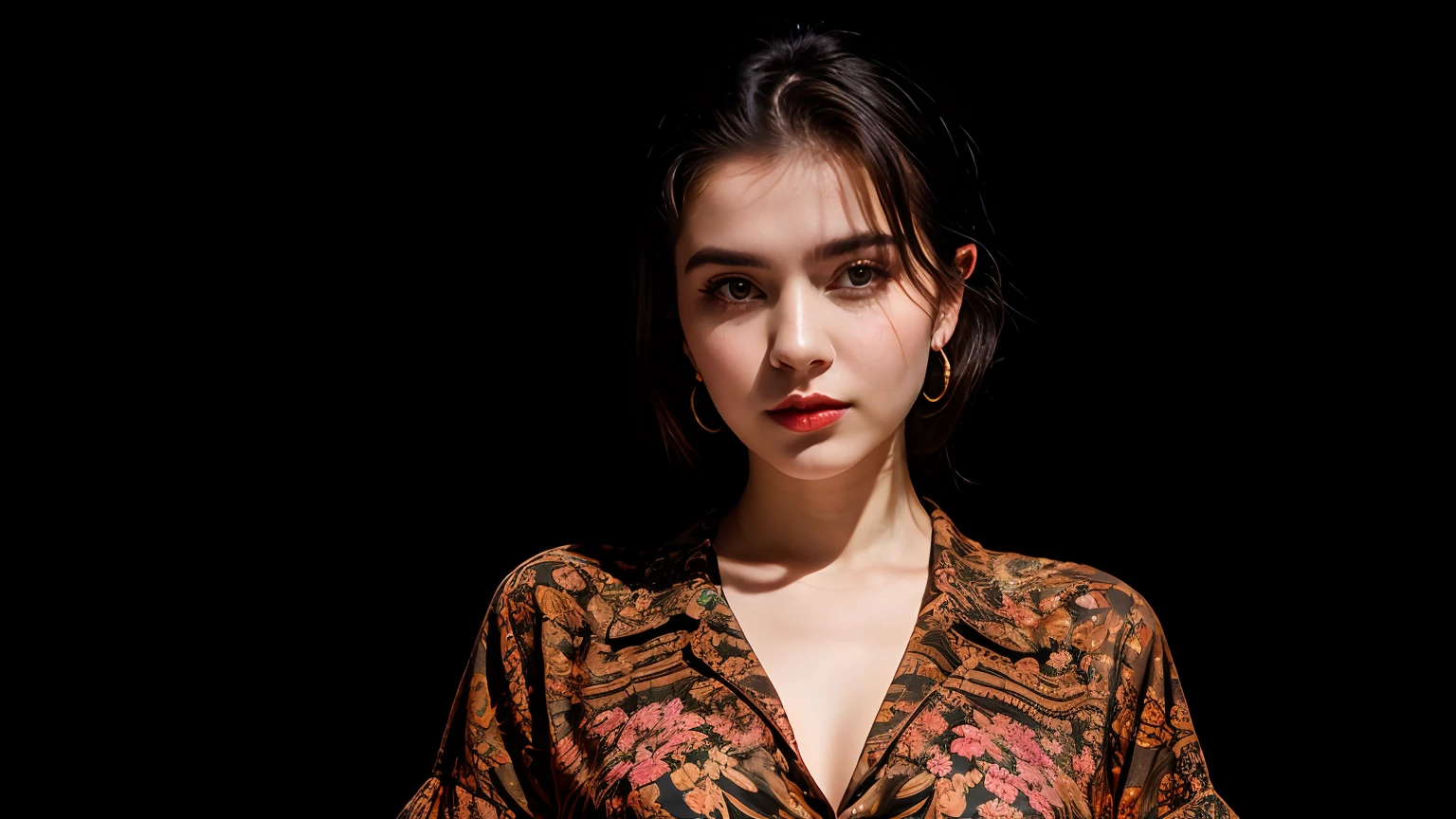 Portrait of ung 20yo woman, full body, black hair, wearing wonderful shirt, perfect eyebrow, perfect lips, perfect nose, professional color graded, wonderful woman, dark background, cute russian woman