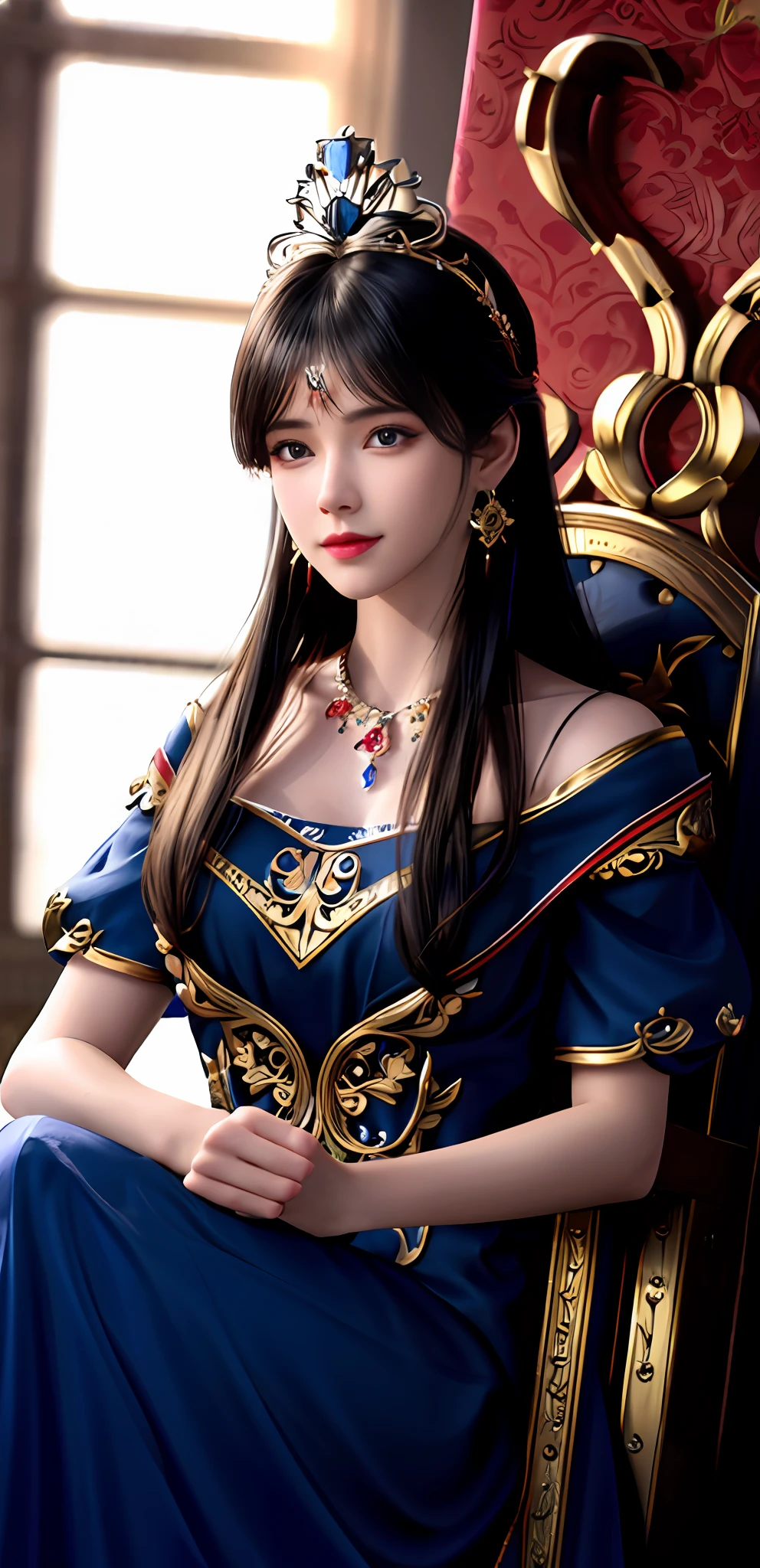 (realisticity: 1.2), best quality, 8K UHD, masterpiece, highres,cg,
1 super detailed girl, super detailed queen
, sitting on a super detailed royal throne, lud, xurious royal palace background, beautiful and detailed, super detailed long hair, wearing a beautiful and luxurious crown with diamonds and super detailed,
super detailed dress,
solo, jewelry, super detailed red and blue dress, pretty face, beautiful, and super detailed,
, earrings, super detailed hairdo, splashing, the upper body is very super detailed, super detailed hair bun, super detailed black hair,
lighting,candid,Photograph,high resolution,4k,8k,Bokeh,
