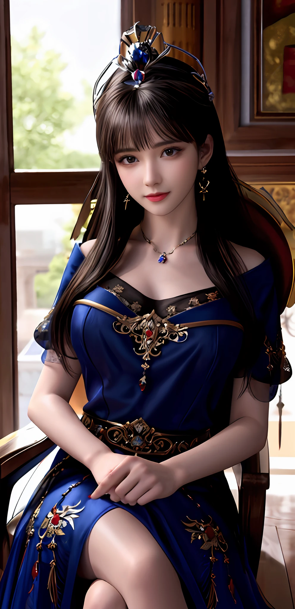 (realisticity: 1.2), best quality, 8K UHD, masterpiece, highres,cg,
1 super detailed girl, super detailed queen

, sitting on a super detailed royal throne, lud, xurious royal palace background, beautiful and detailed, super detailed long hair, wearing a beautiful and luxurious crown with diamonds and super detailed,

super detailed dress,
 solo, jewelry, super detailed red and blue dress, pretty face, beautiful, and super detailed, 

, earrings, super detailed hairdo, splashing, the upper body is very super detailed, super detailed hair bun, super detailed black hair,
lighting,candid,Photograph,high resolution,4k,8k,Bokeh,