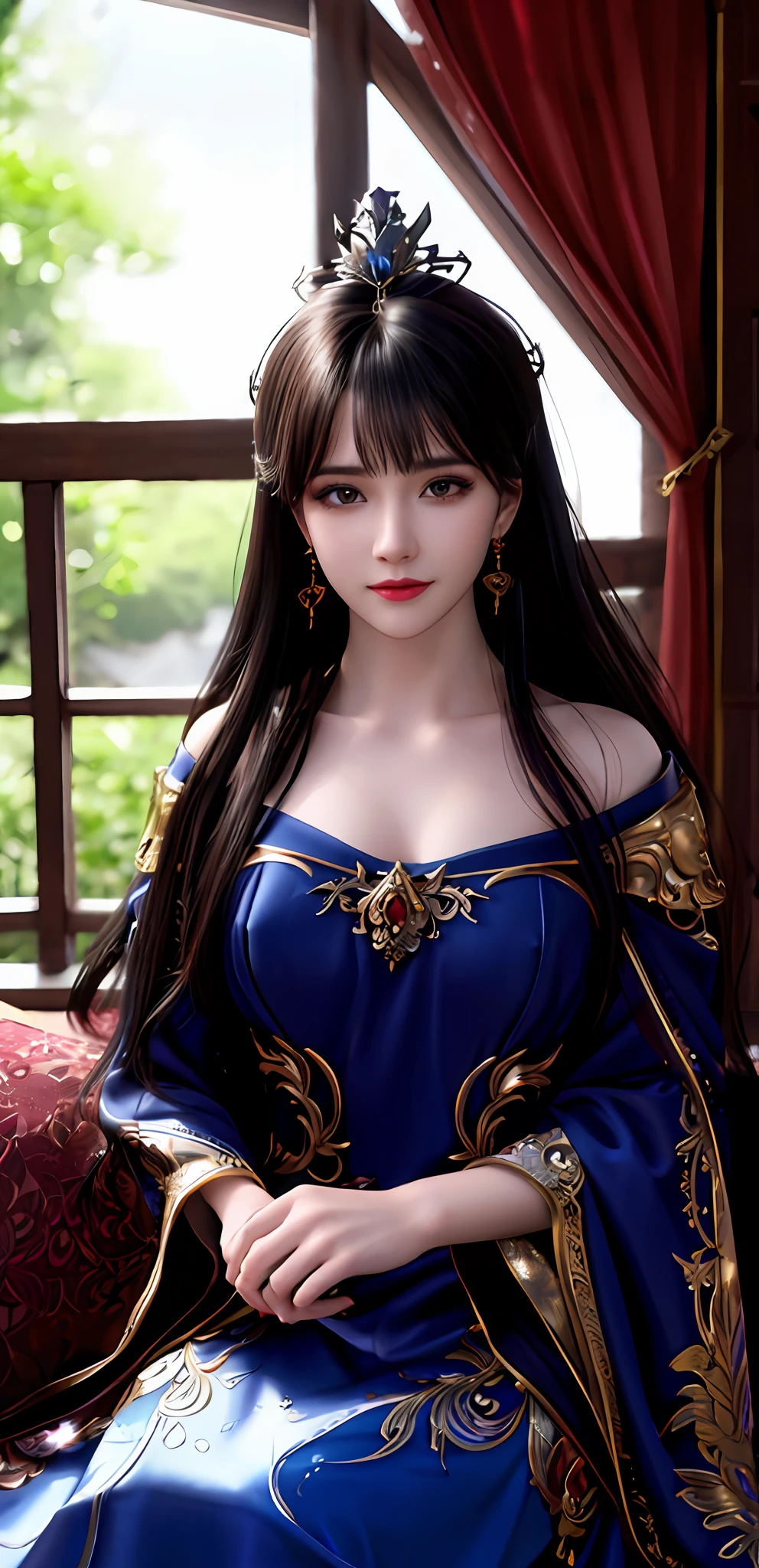 (realisticity: 1.2), best quality, 8K UHD, masterpiece, highres,cg,
1 super detailed girl, super detailed queen
, sitting on a super detailed royal throne, lud, xurious royal palace background, beautiful and detailed, super detailed long hair, wearing a beautiful and luxurious crown with diamonds and super detailed,
super detailed dress,
solo, jewelry, super detailed red and blue dress, pretty face, beautiful, and super detailed,
, earrings, super detailed hairdo, splashing, the upper body is very super detailed, super detailed hair bun, super detailed black hair,
lighting,candid,Photograph,high resolution,4k,8k,Bokeh,