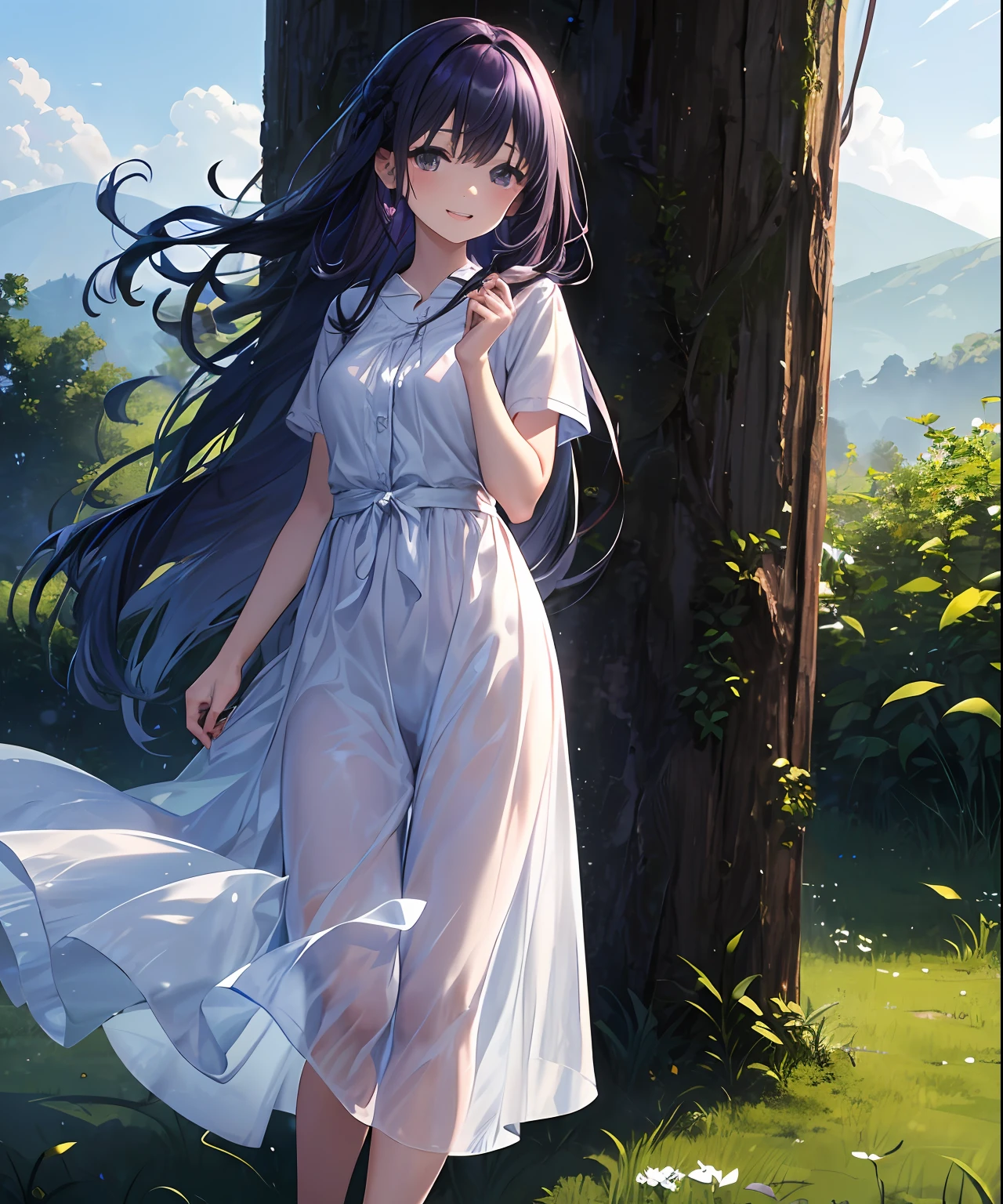 (​masterpiece、top-quality)、frontage、独奏、1girl in、lightly dressed、is standing、Hands folded behind your back、amidst nature、A smile、The long-haired、Purple hair、Hair flutters in the wind、with light glowing、Windy、Adult、