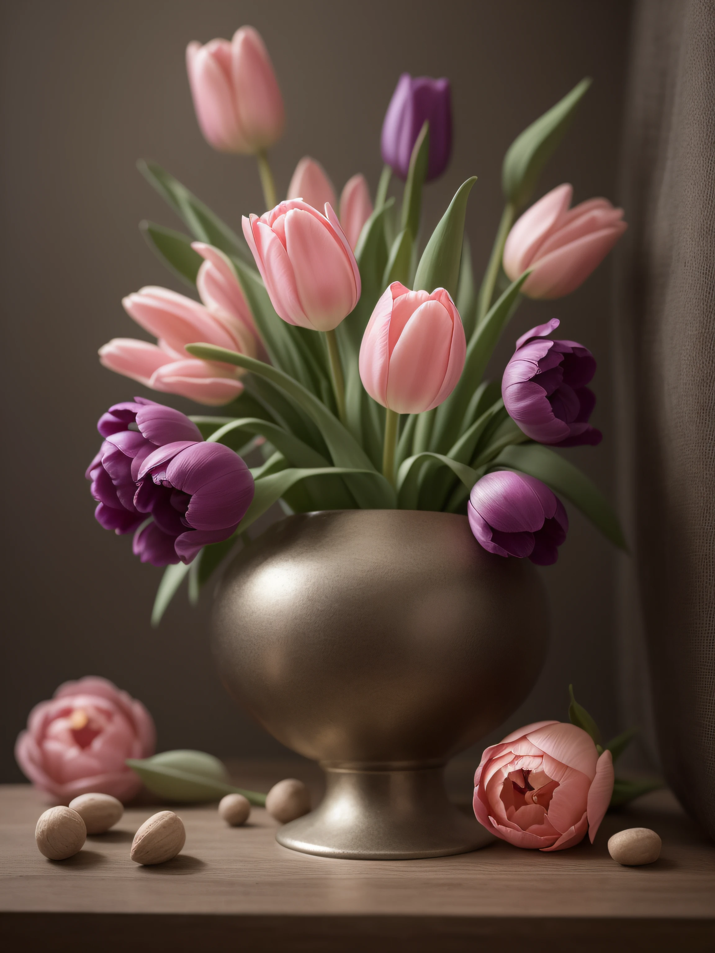 Still life with a tulips in vase and fruits on the drapery, multiflower, hyperdetailed intricately detailed baroque art trending on Artstation triadic colors Unreal Engine 5 detailed matte painting, deep color, fantastical, intricate detail, splash screen, complementary colors, fantasy concept art, 8k resolution, gothic deviantart masterpiece, (dark shot:1.4), soft cinematic light, adobe lightroom, photolab, hdr, intricate, highly detailed, (depth of field:1.4)