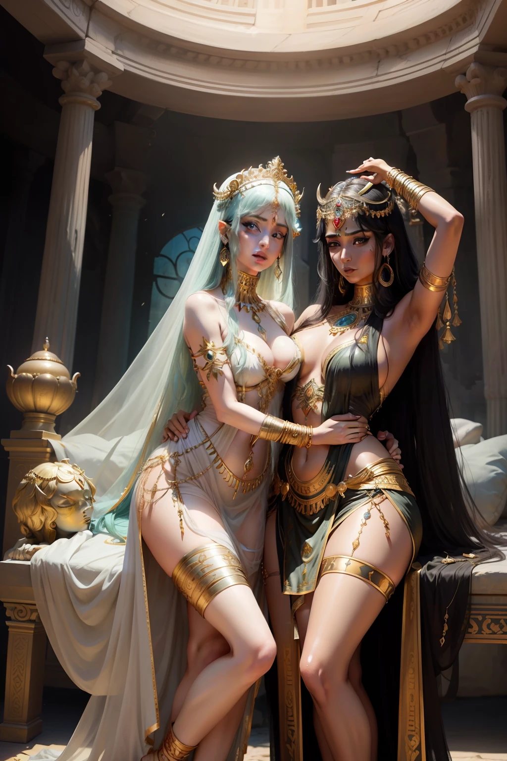 Lord Shiva hugging Cleopatra、myth、ancientry、《Beautiful facial features》、Fantastical、Full Body、Sheer dress、Overall beautiful depiction、Meticulous portrayal、masterpiece、8K