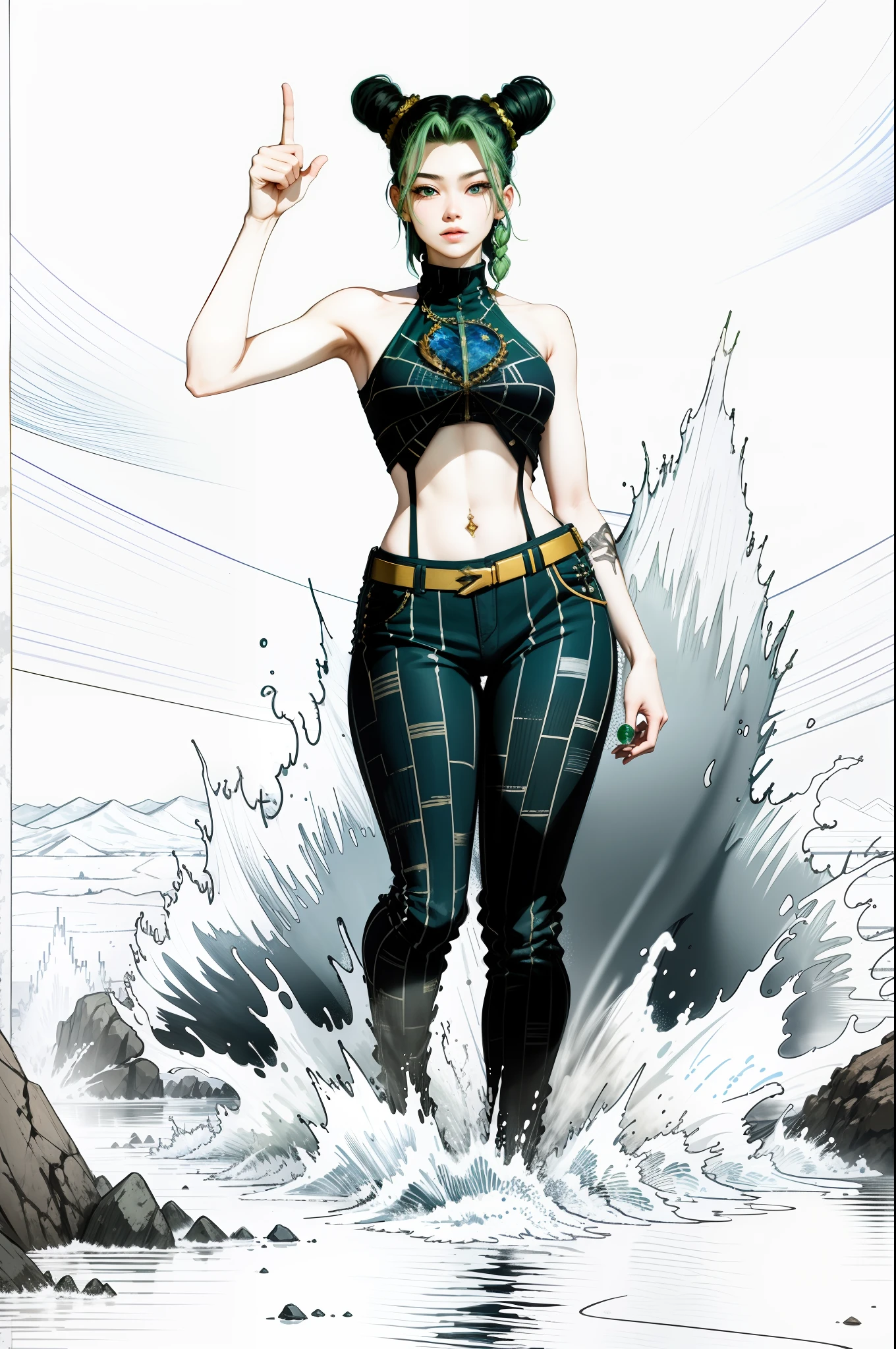 tmasterpiece， Best quality at best， 1girll， 独奏， der riese， der riese， （（（Towering over the landscape））））， （full bodyesbian）， 1girll， Joleen Jojo， A half body， number art， tmasterpiece， Green and blue hair， croped， 无袖， wearing pants,Victory gesture