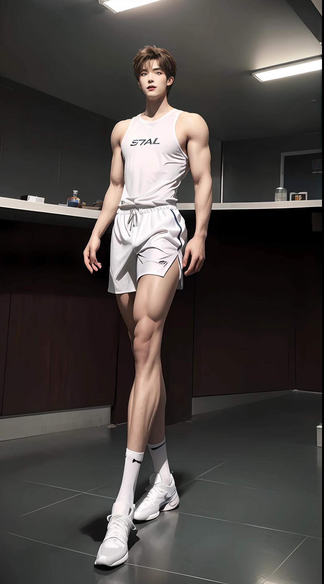 （Cute tall Shota：2），solo person，（full bodyesbian：3），（Stay away from the lens：3），Expose your legs，（revealing the whole body：2），（Frontal heads-up view：1.2），malefocus，（looking at viewert），16 yaers old，（Tall：3），（Tall guy：2），Super tall，（Height 300 cm：2），Excellent body proportions，Strong muscles,Well-proportioned biceps，（1.The shoulders are 5 times wider：1.2），（Slender straight legs：2.5），Slender feet，small heads，musculous，（Lovely and pretty：2），（The face of an anime man），（Very detailed beautiful face and eyes：2），（Big bright eyes：1.2），Sharp eyeliner，Clear and beautiful face，，exhilarated，（Happy smile：2），short detailed hair，（Correct facial features），（tilts your head：1.5），（Men's white baseball uniform：2)，Short boxer panties，（Muscle firming：2），Strong，（Wide shoulders and narrow waist：2.2），Sports men's socks，Detailed muscle texture，Highlights muscle structure，In the subway car，（Sit up straight：4），（full length shoot），ultra-realistic realism, (Photorealistic detail), Incredible accuracy, lifelike textures, masterful technique, Jaw-dropping precision, artistic dedication，（anatomy correct），Good lighting，exquisite detailing，Best quality，stunning masterpiece，CG