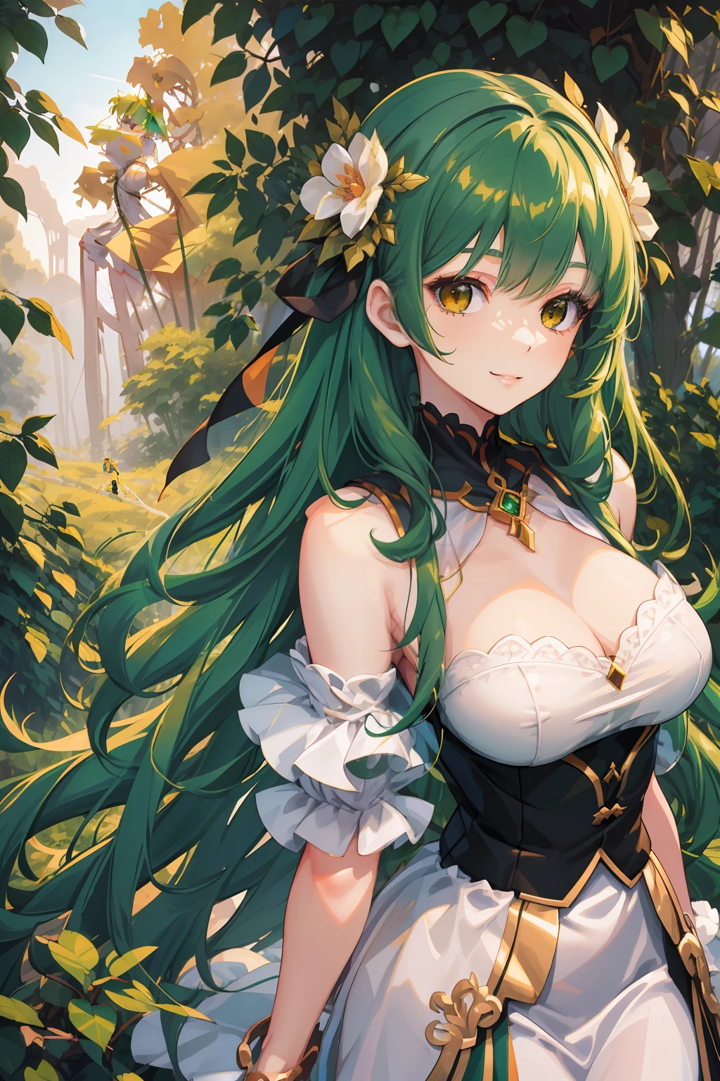 A woman of fragile build with long green hair and golden eyes. The girl is dressed in a green silk off-the-shoulder dress. She stands in the forest in a clearing. The girl's body wraps around the vines. Grapevines next to a girl. serious face, ssmile. beautiful detail eyes. Fields with flowers. Sun light. day light. beatiful face, handsome body.