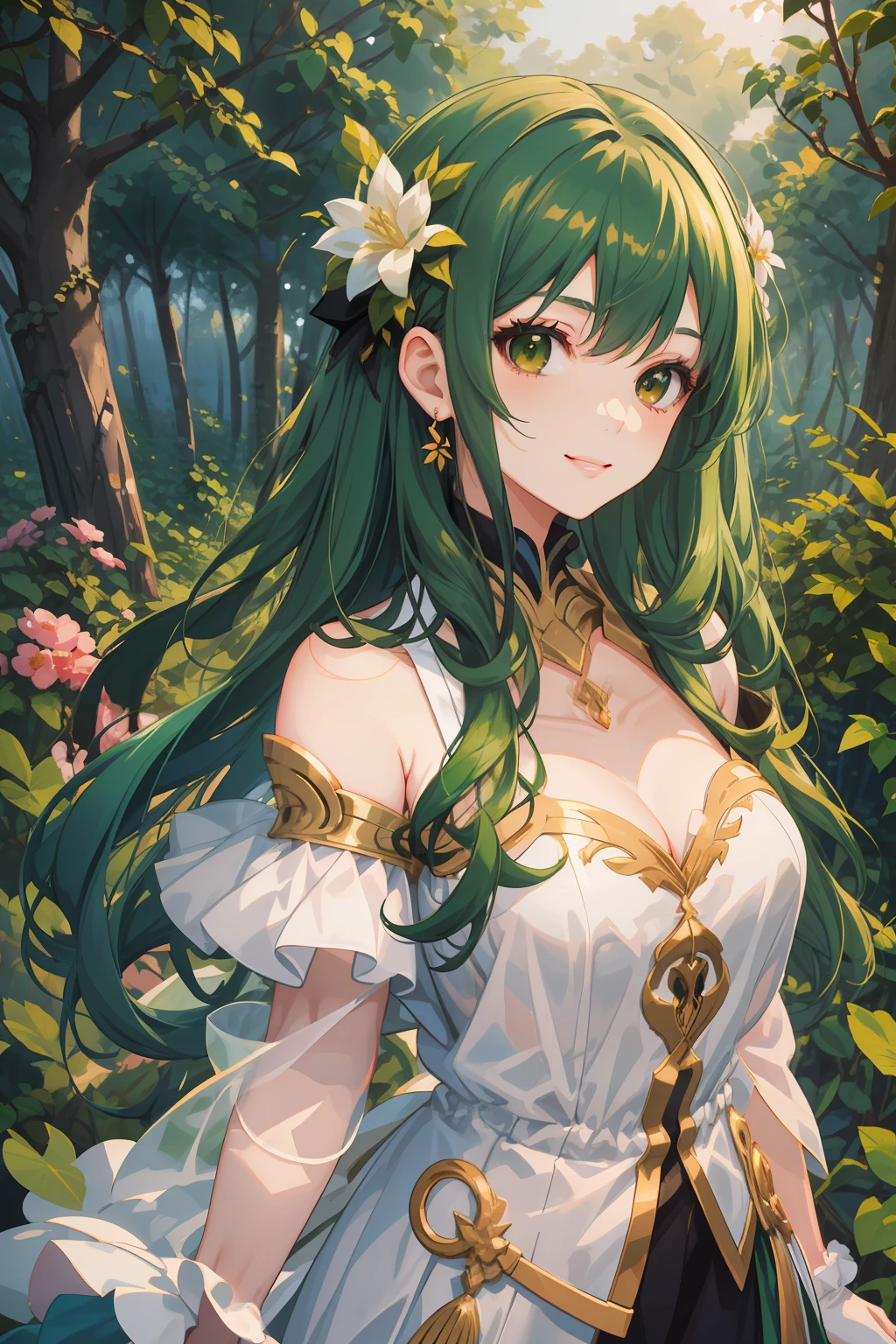A woman of fragile build with long green hair and golden eyes. The girl is dressed in a green silk off-the-shoulder dress. She stands in the forest in a clearing. The girl's body wraps around the vines. Grapevines next to a girl. serious face, ssmile. beautiful detail eyes. Fields with flowers. Sun light. day light. beatiful face, handsome body.